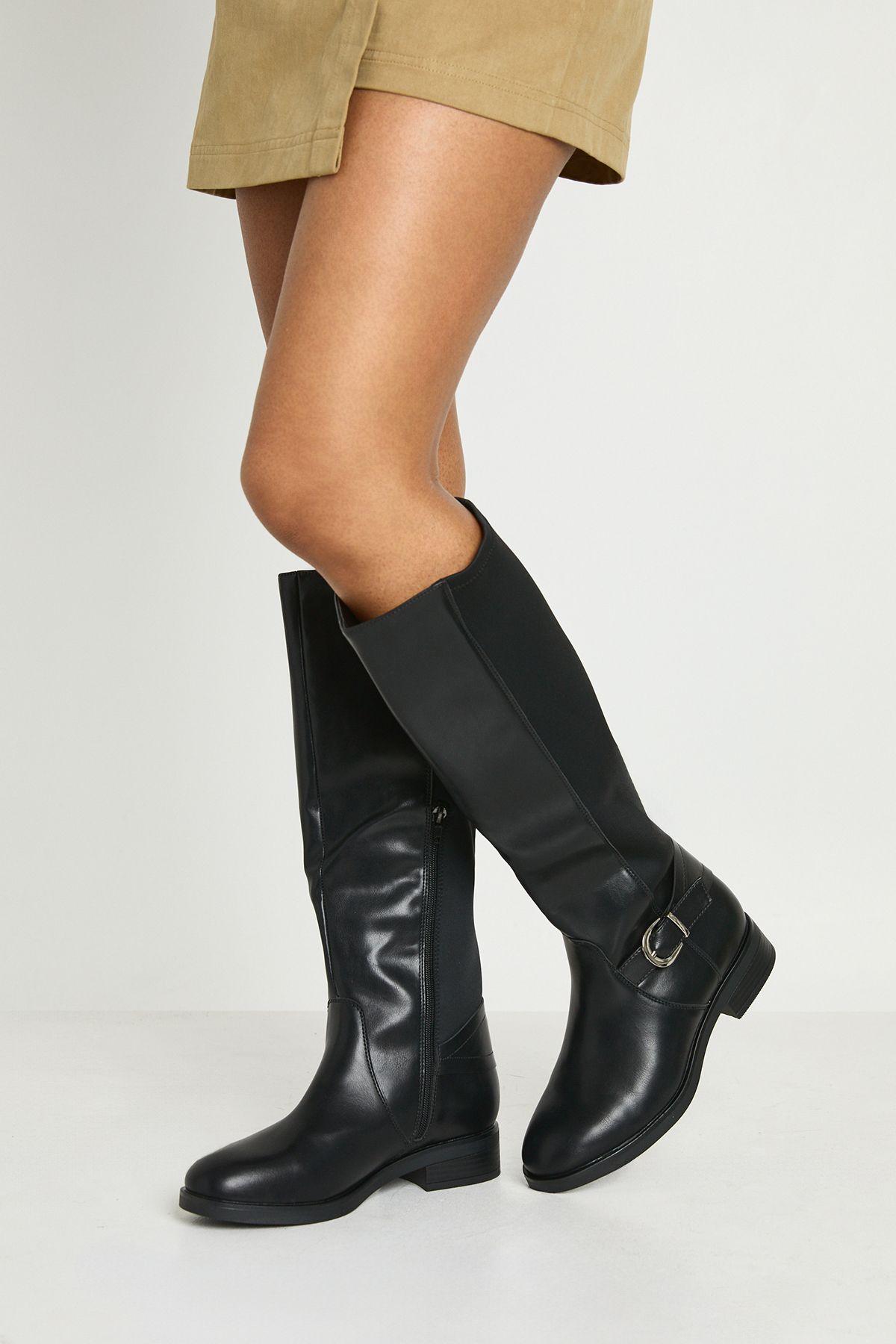 Wide Fit Buckle Stretch Knee High Flat Boots by BOOHOO