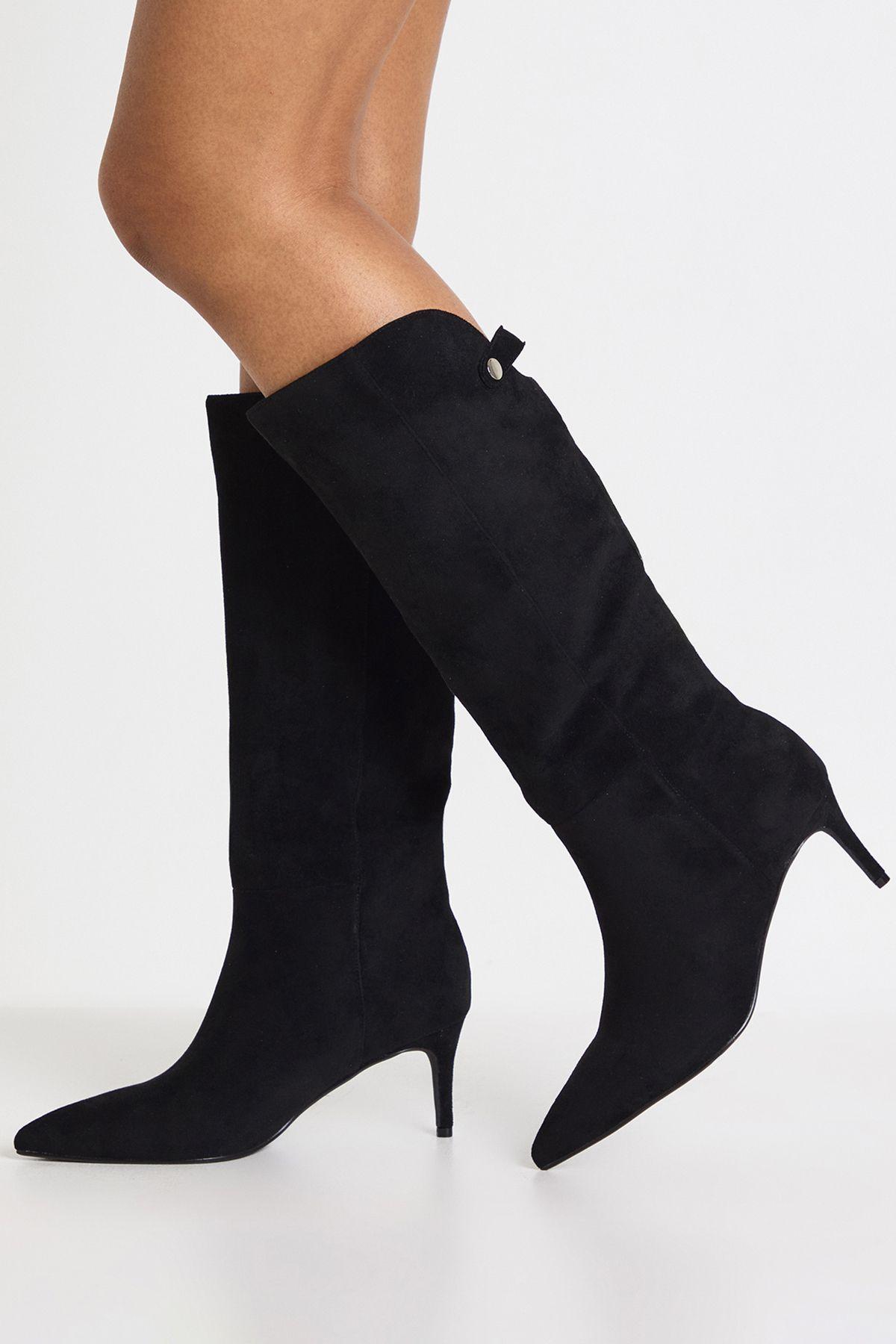 Wide Fit Curved Faux Suede Stiletto Boots by BOOHOO
