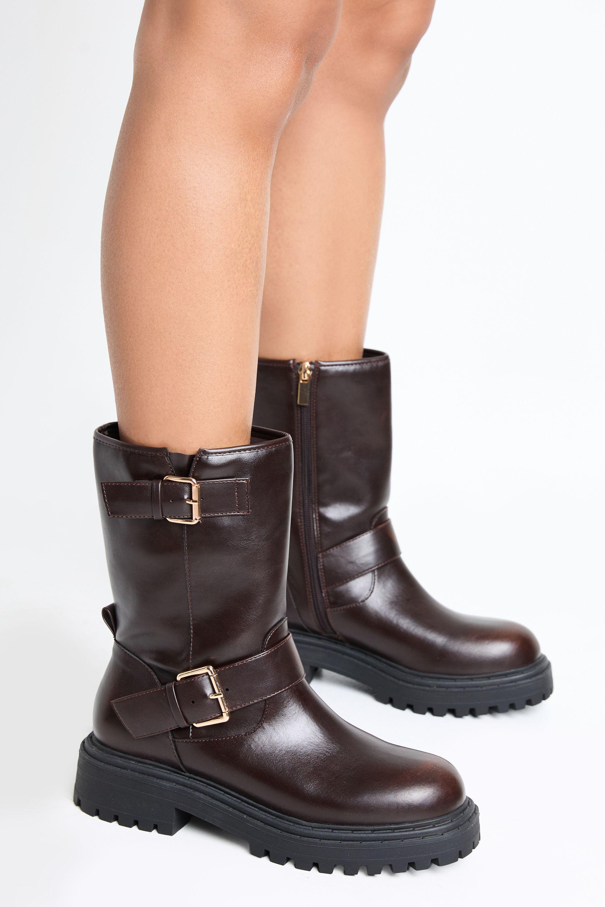 Wide Fit Double Buckle Biker Boots by BOOHOO Wide Fit Double Buckle Biker Boots by BOOHOO