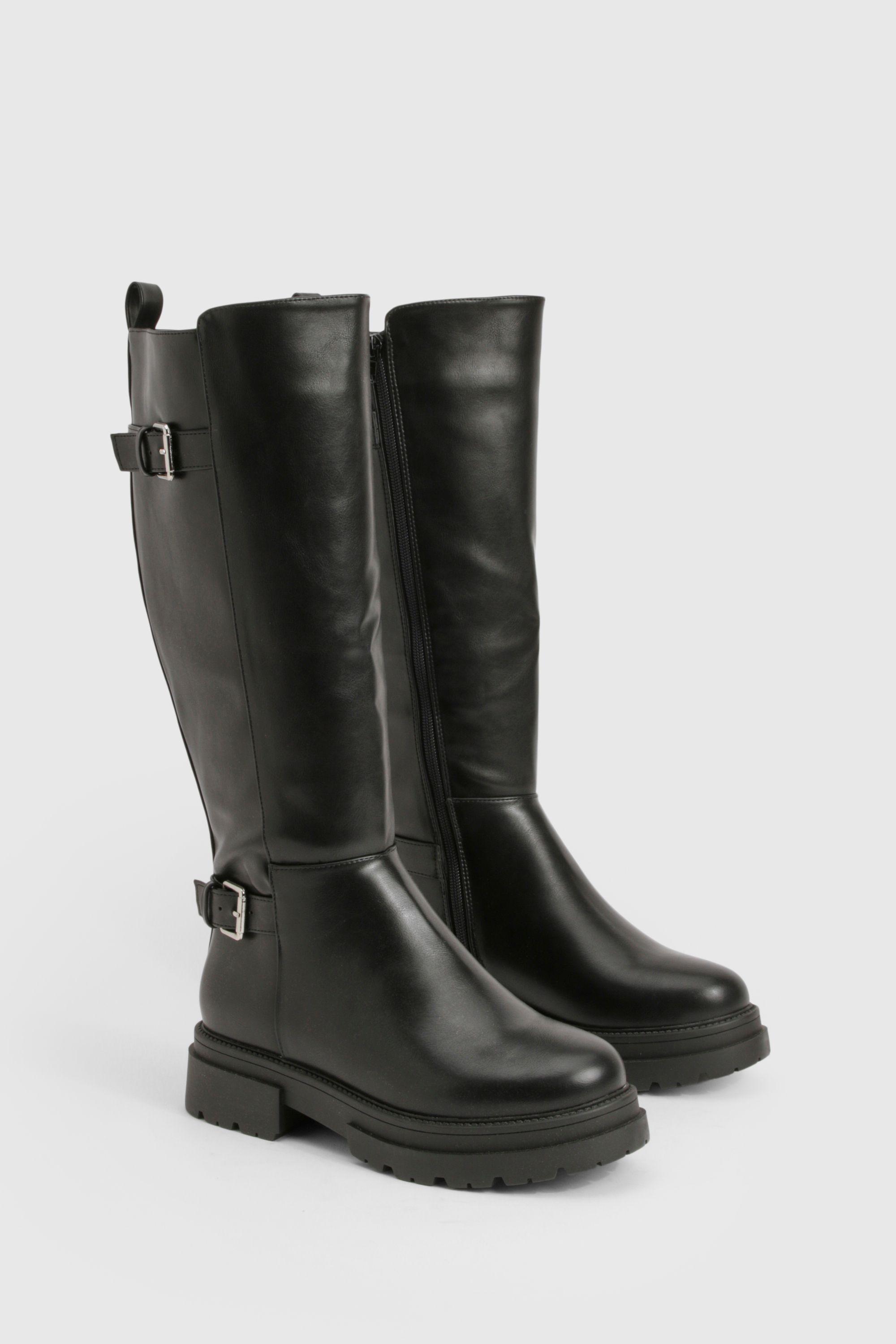 Wide Fit Double Buckle Knee High Biker Boots by BOOHOO