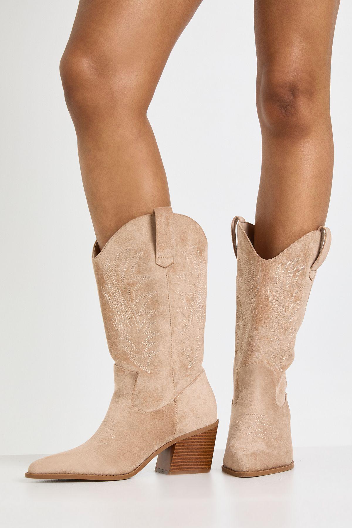 Wide Fit Embroidered Western Cowboy Calf Boots by BOOHOO