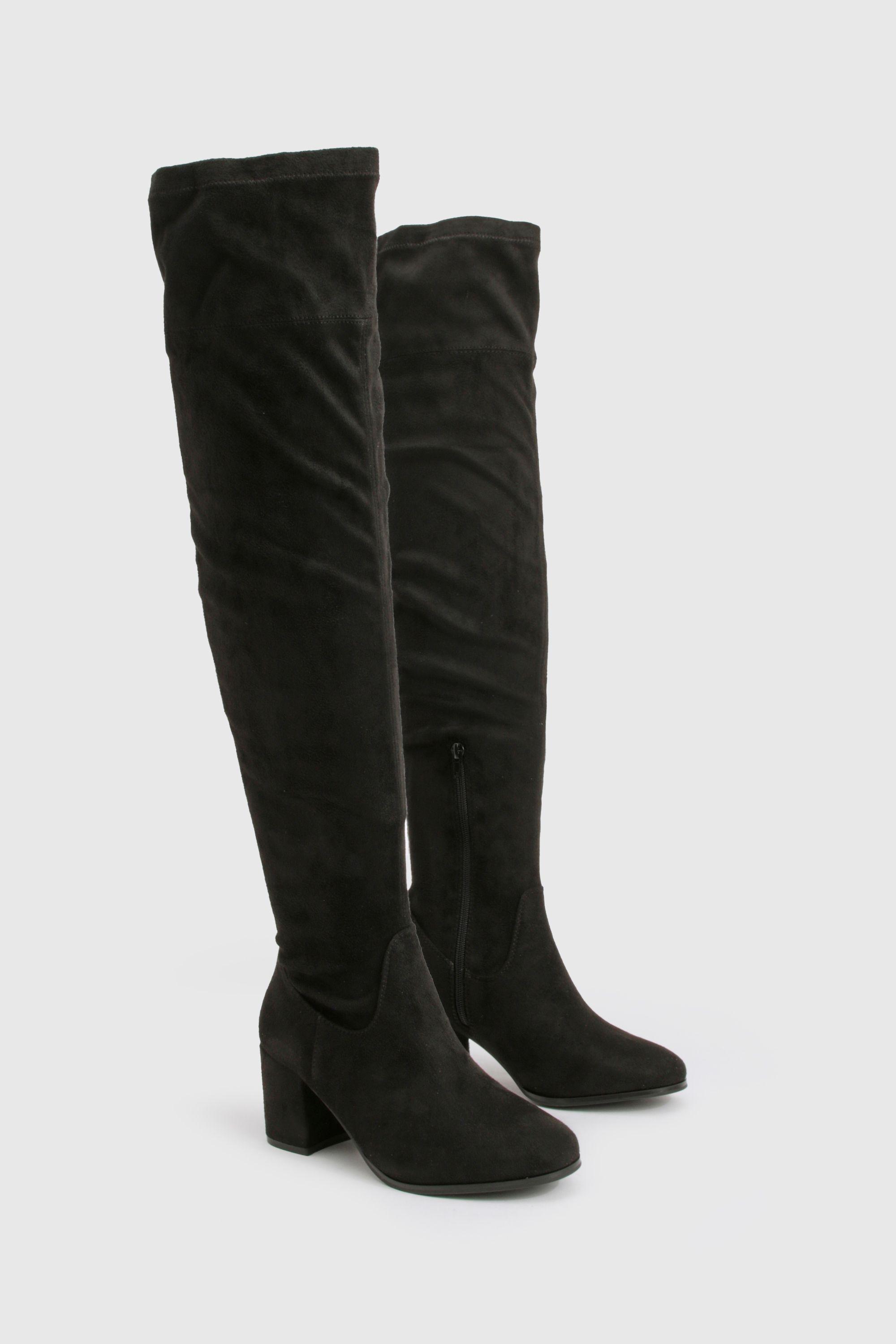 Wide Fit Faux Suede Block Heel Knee High Boots by BOOHOO