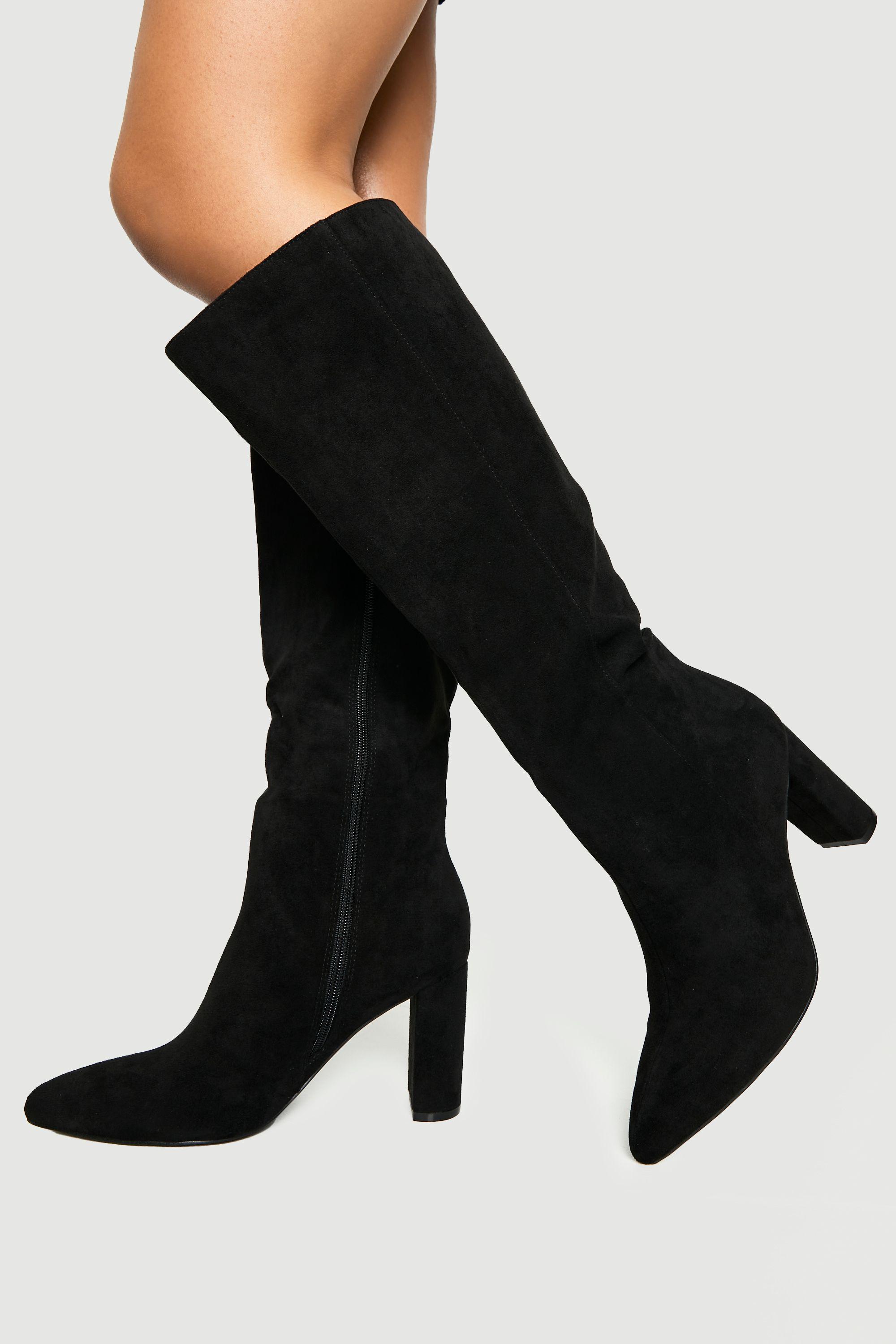 Wide Fit Faux Suede Block Heel Knee High Boots by BOOHOO