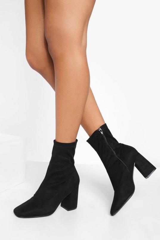 Wide Fit Faux Suede Block Heel Square Toe Sock Boots by BOOHOO