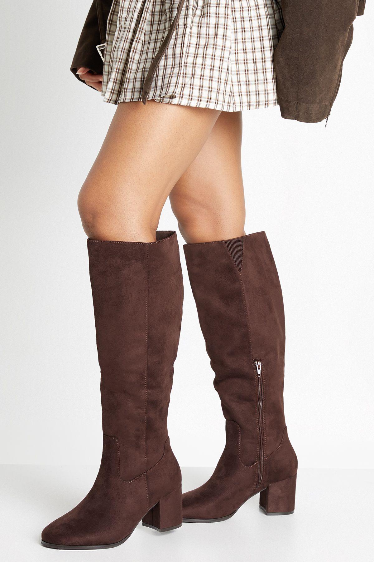 Wide Fit Faux Suede Block Knee High Boots by BOOHOO