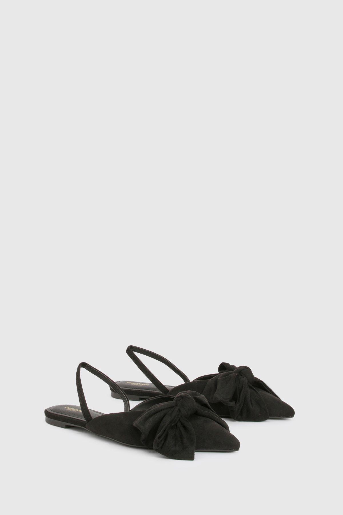 Wide Fit Faux Suede Bow Detail Pointed Flats by BOOHOO