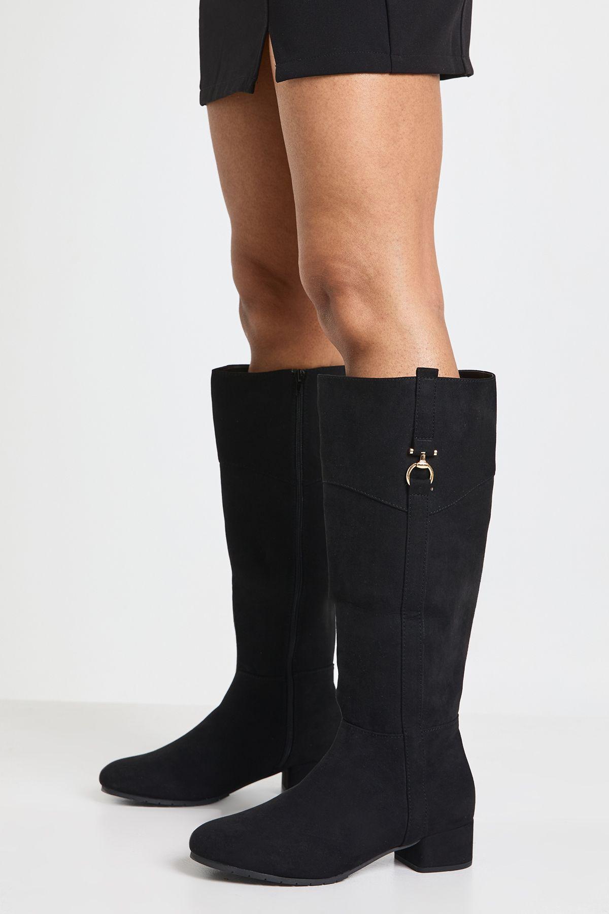 Wide Fit Faux Suede Buckle Detail Knee High Boots by BOOHOO