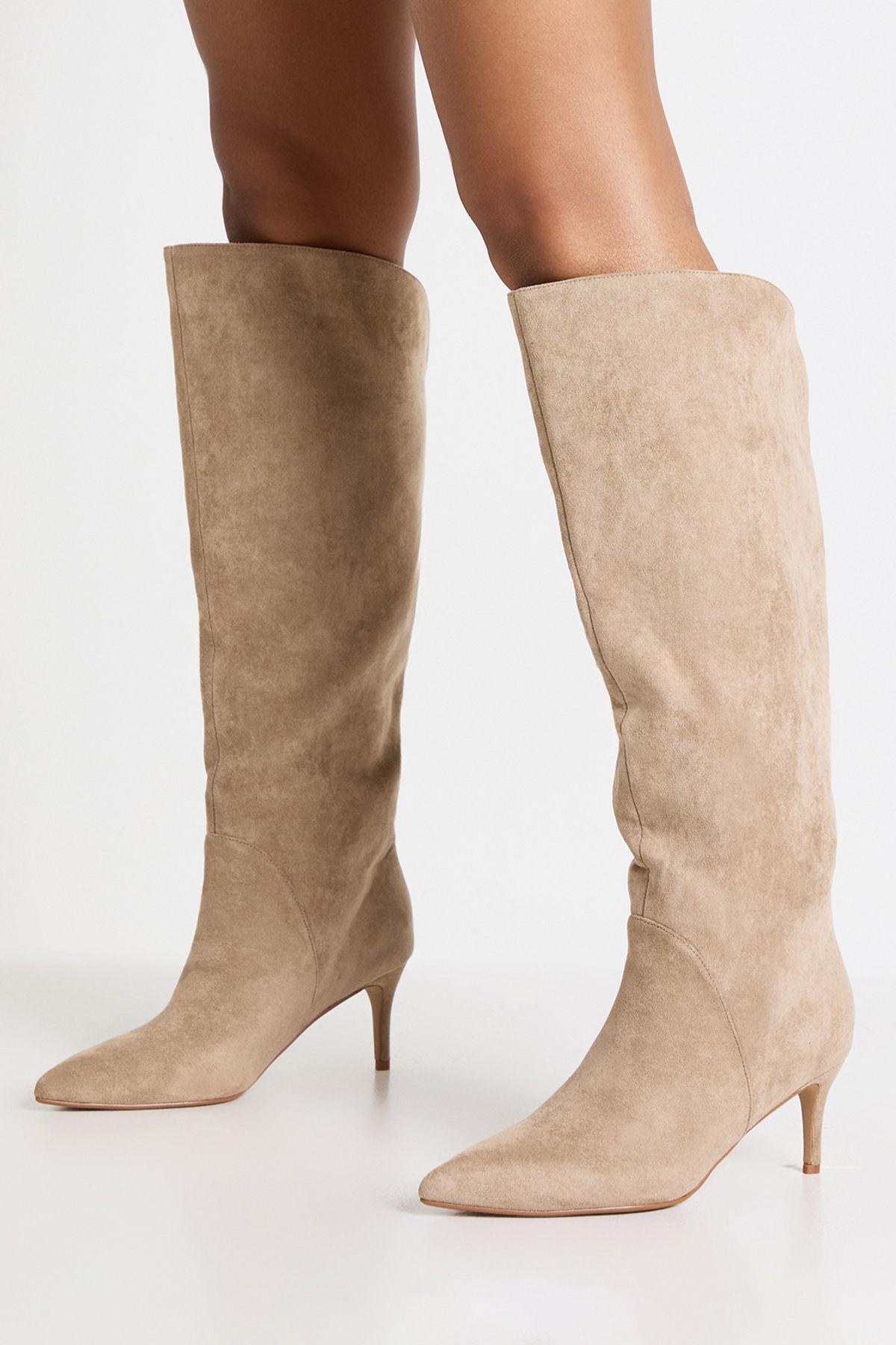 Wide Fit Faux Suede Curved Knee High Boots by BOOHOO