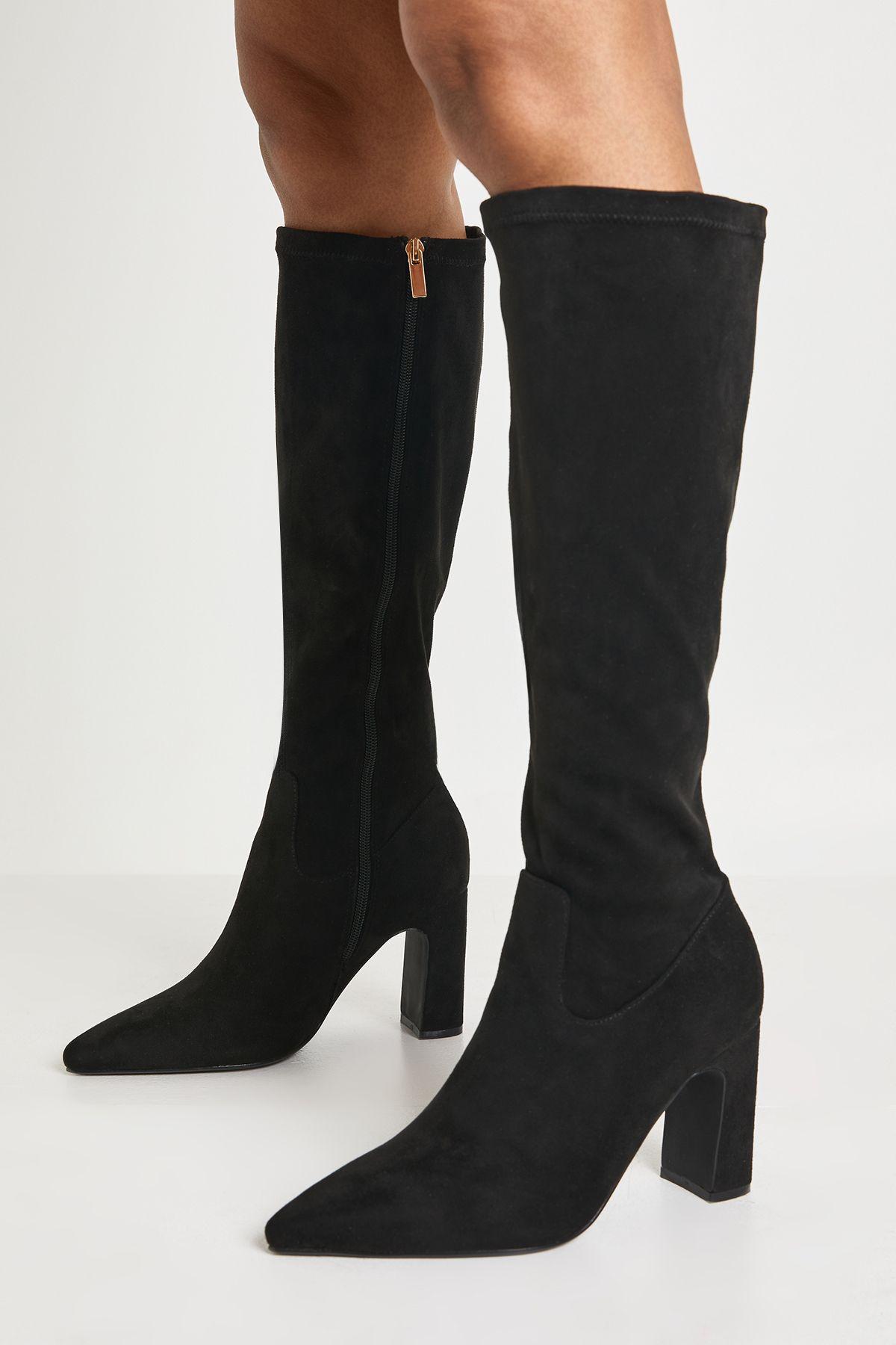 Wide Fit Faux Suede Knee High Stretch Boots by BOOHOO