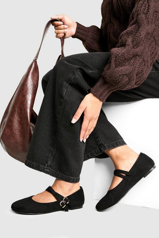 Wide Fit Faux Suede Mary Jane Ballets by BOOHOO