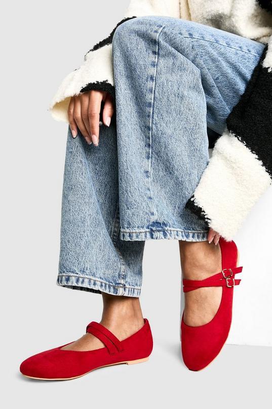 Wide Fit Faux Suede Mary Jane Ballets by BOOHOO