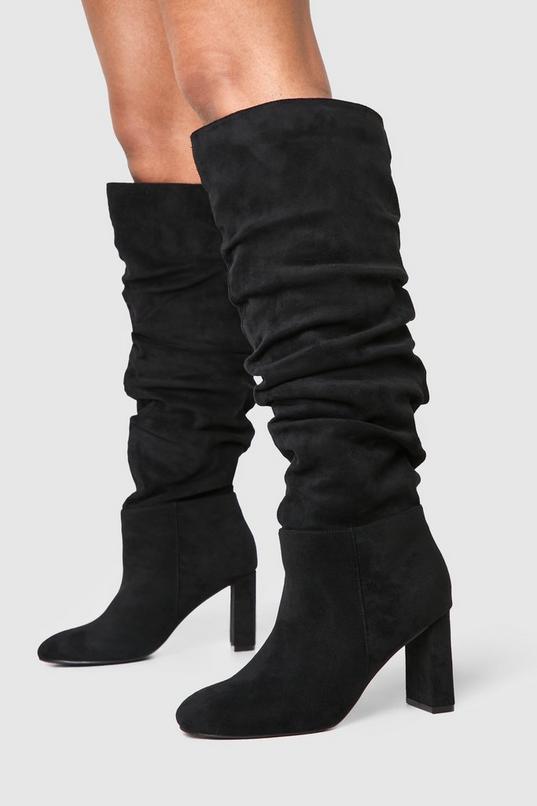 Wide Fit Faux Suede Ruched Detail Block Heel Boots by BOOHOO
