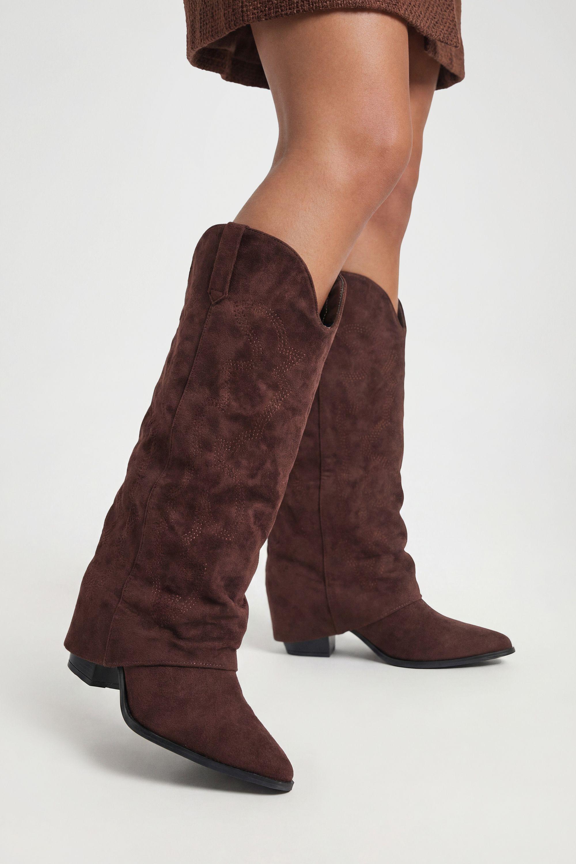 Wide Fit Fold Over Embroidered Knee High Western Boots by BOOHOO