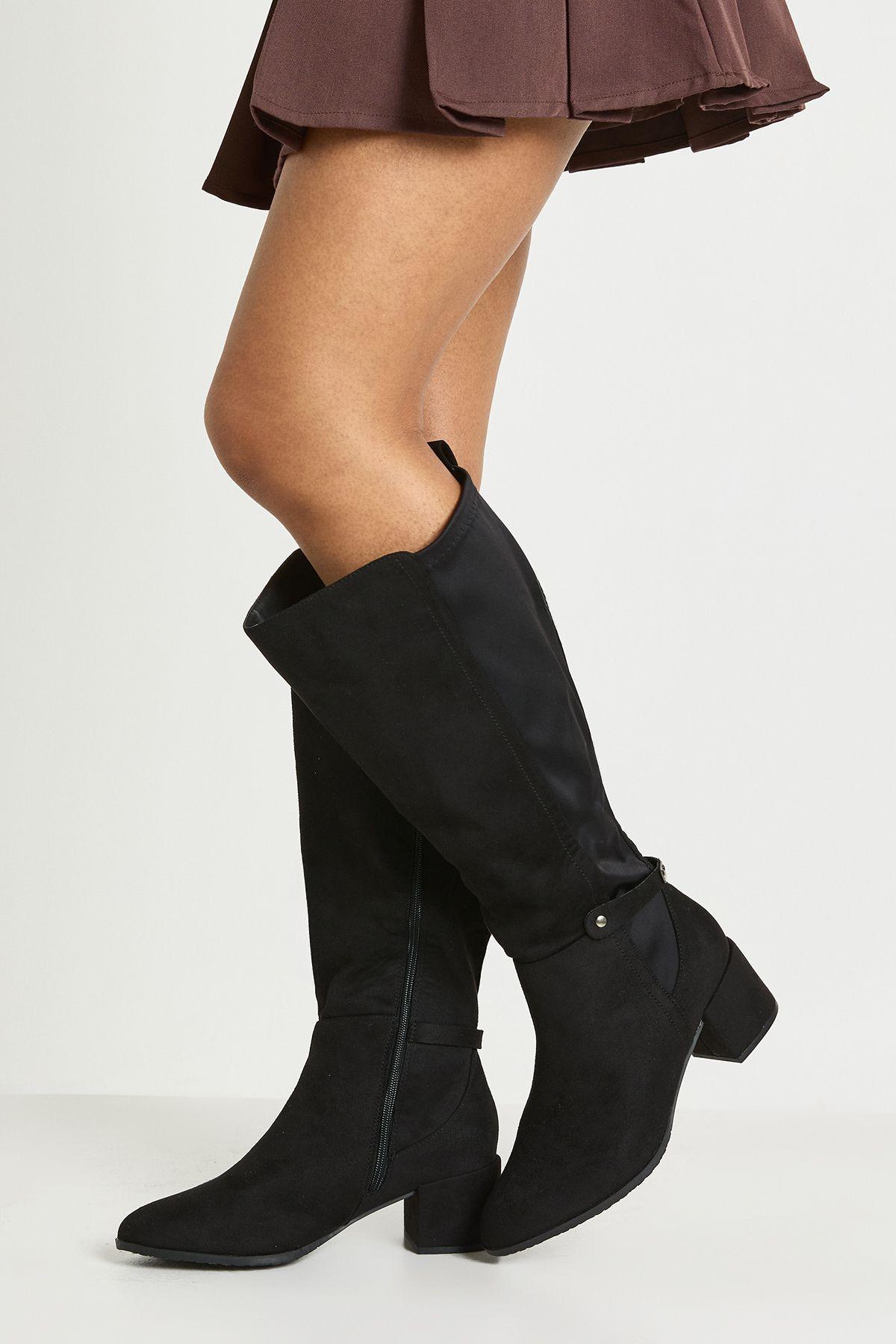 Wide Fit Knee High Buckle Detail Heeled Boots by BOOHOO