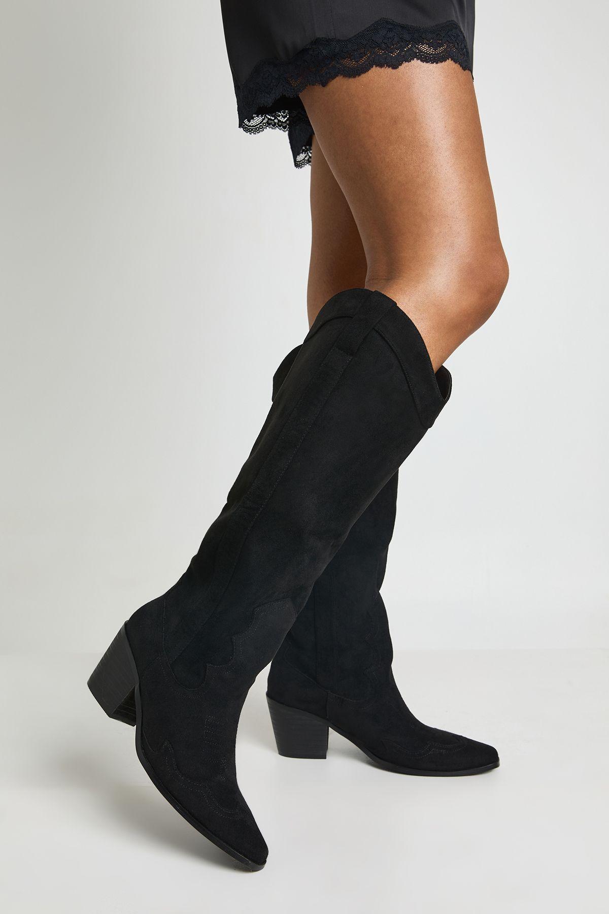 Wide Fit Knee High Heeled Faux Suede Western Cowboy Boots by BOOHOO