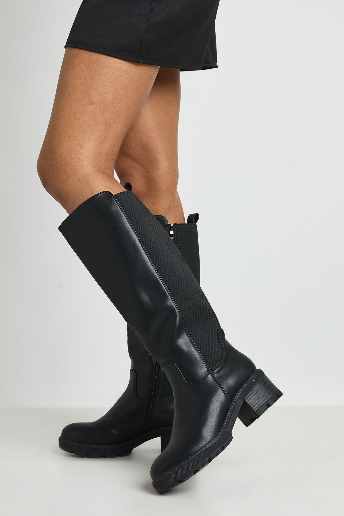 Wide Fit Panel Detail Chunky Knee High Boots by BOOHOO