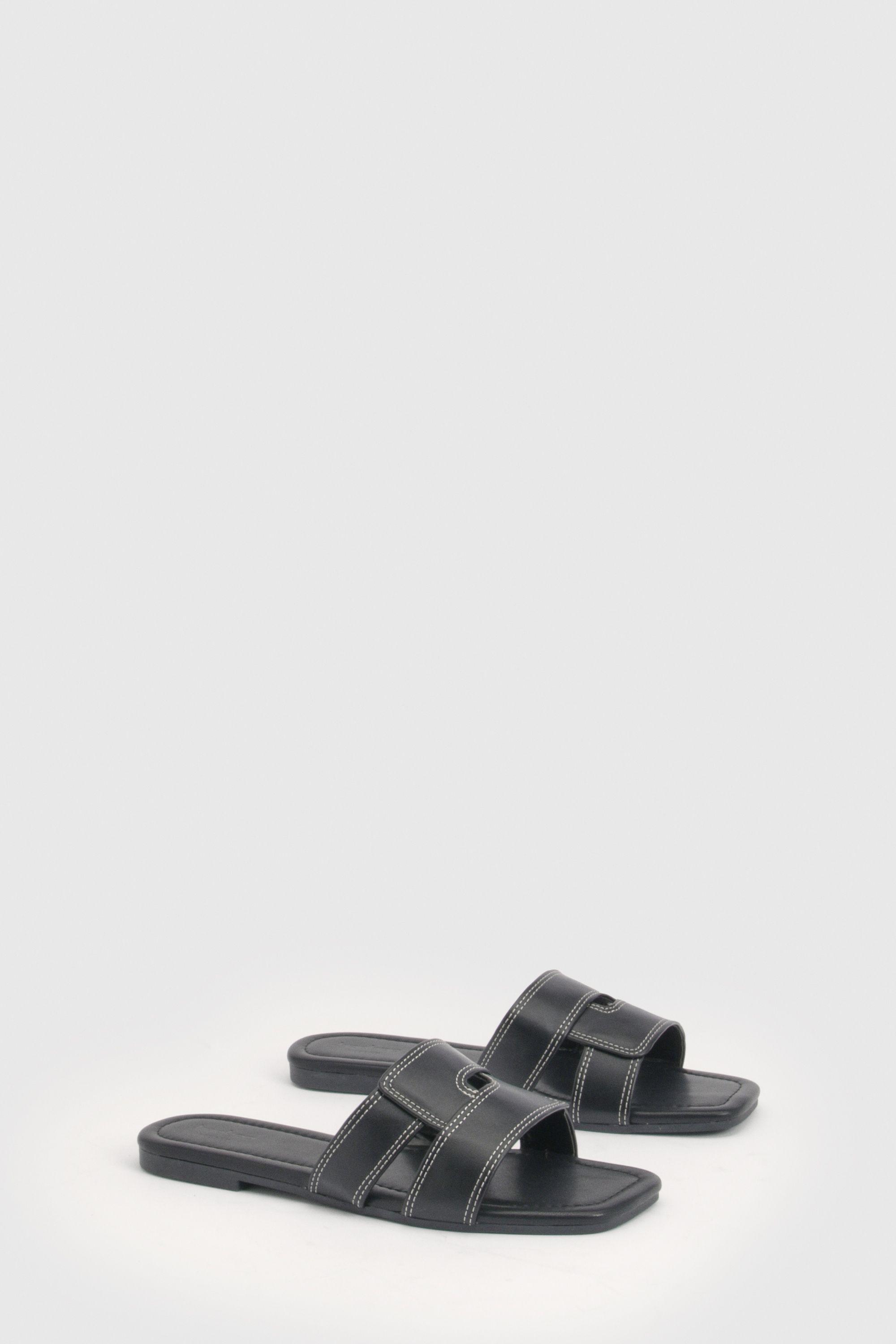 Wide Fit Square Toe Cross Over Sliders by BOOHOO