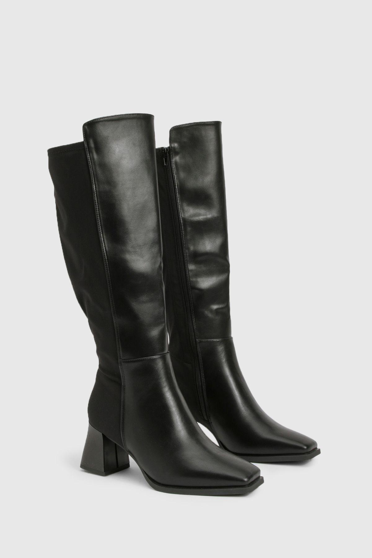 Wide Fit Stretch Knee High Flared Block Heeled Boots by BOOHOO
