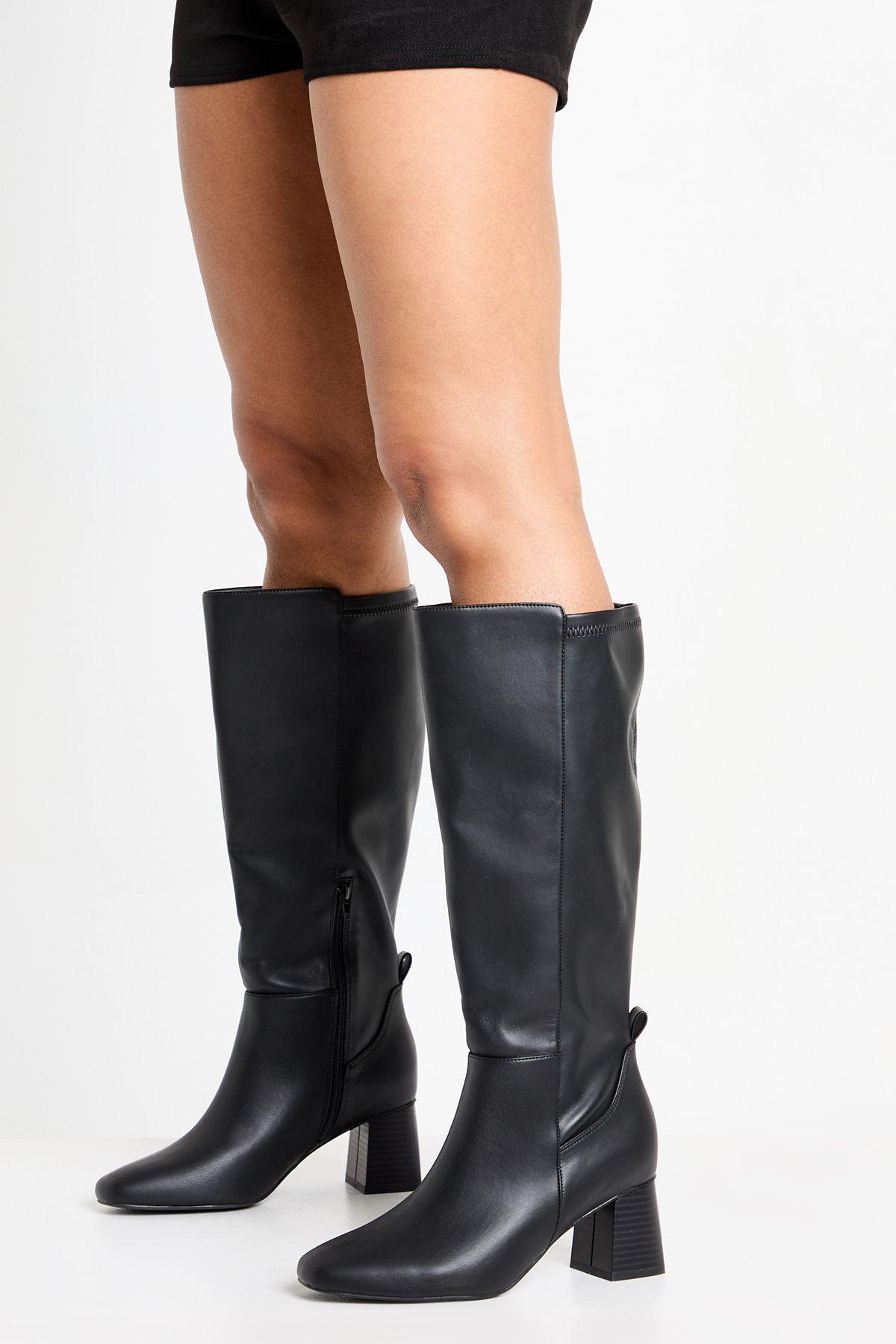 Wide Fit Stretch Knee High Flared Block Heeled Boots by BOOHOO