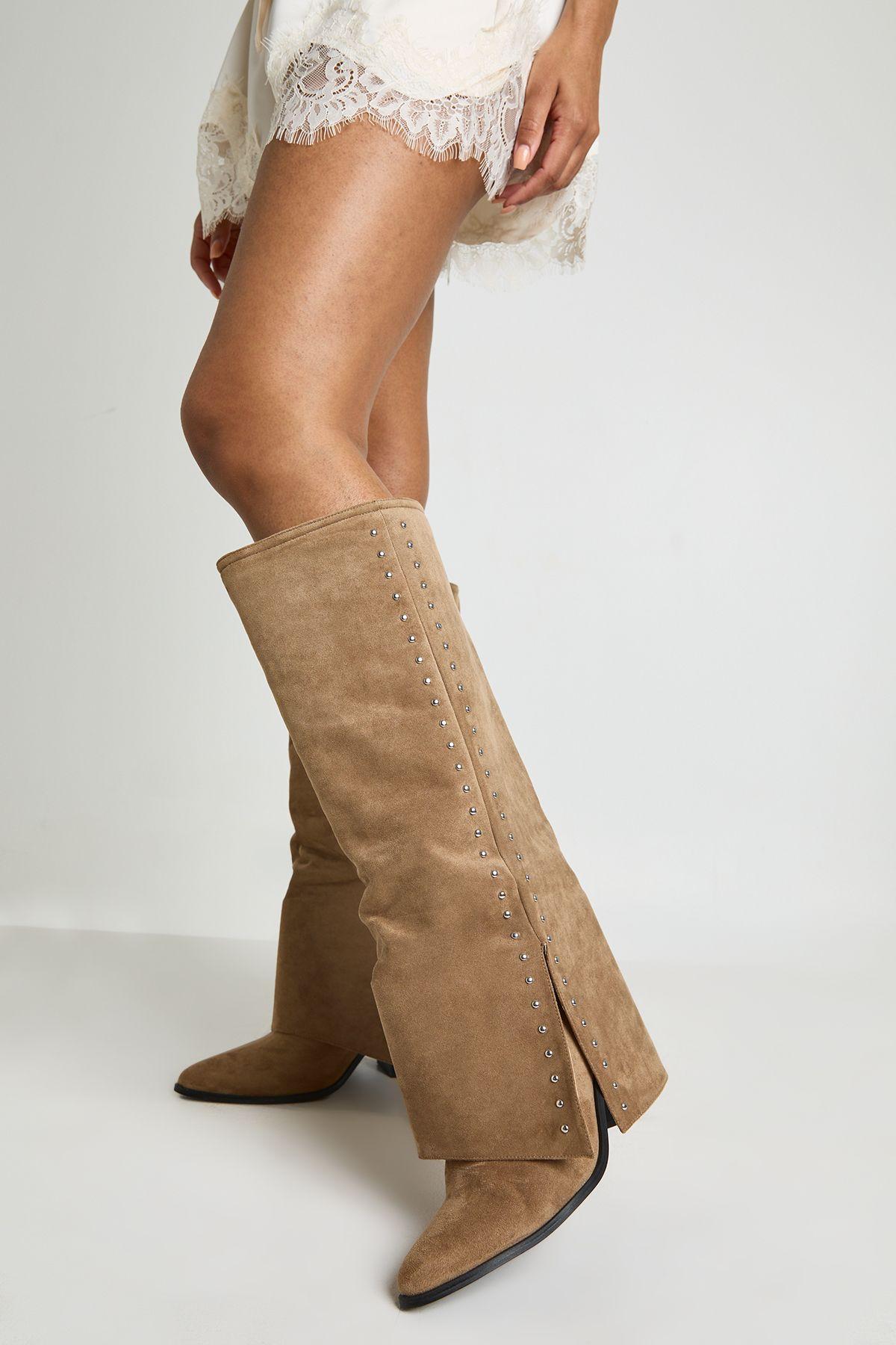 Wide Fit Studded Detail Fold Over Distressed Western Boot by BOOHOO