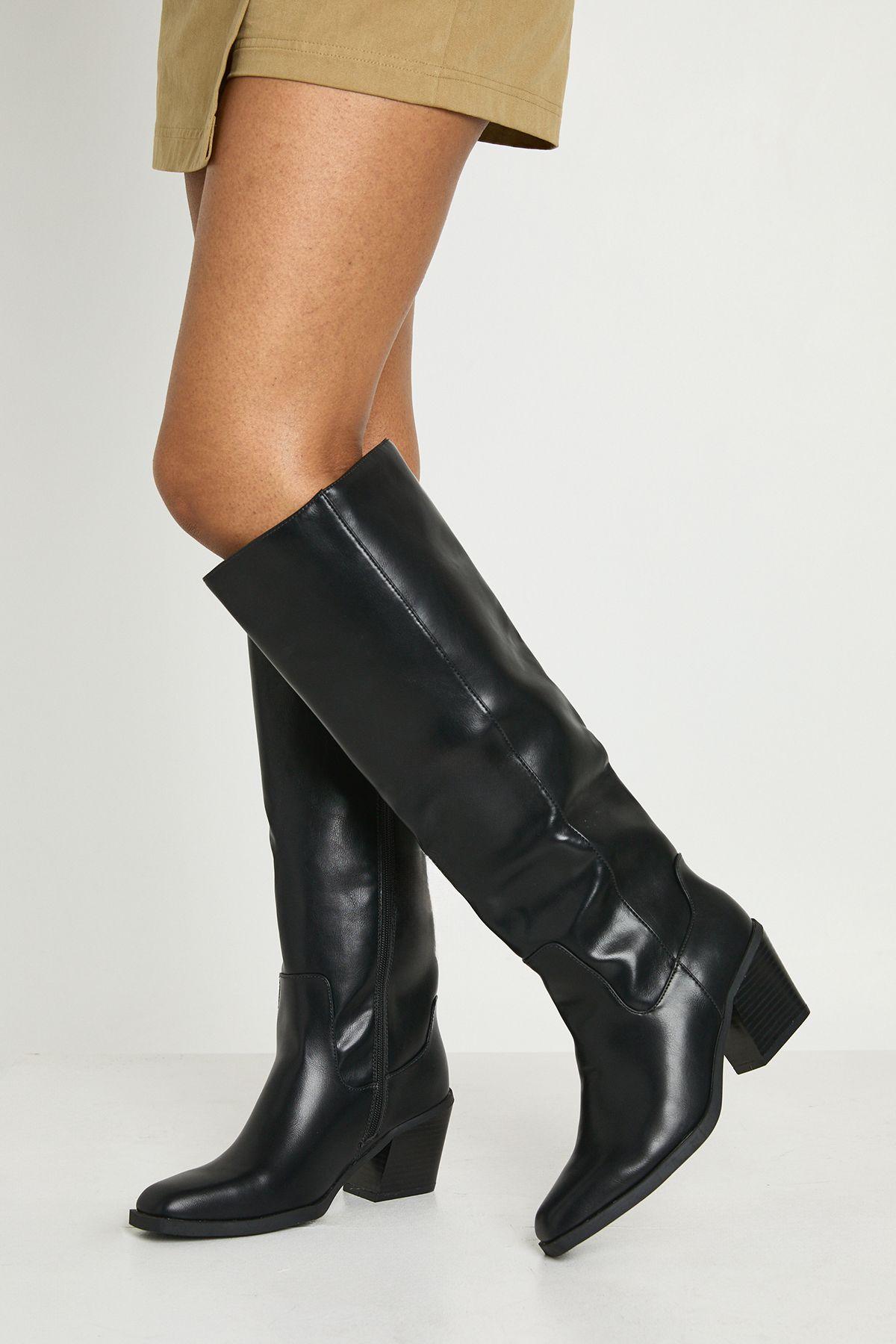 Wide Fit Western Knee High Cowboy Boots by BOOHOO