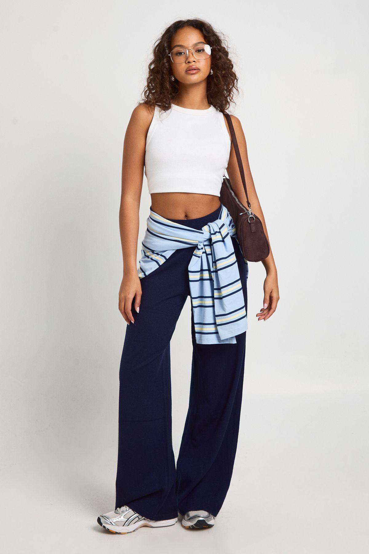 Wide Leg Rib Knit Trouser by BOOHOO