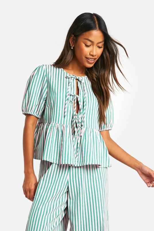 Wide Pink And Green Stripe Tie Front Puff Sleeve Smock Top by BOOHOO