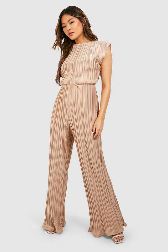 Wide Plisse Ruched Shoulder Wide Leg Jumpsuit by BOOHOO Wide Plisse Ruched Shoulder Wide Leg Jumpsuit by BOOHOO