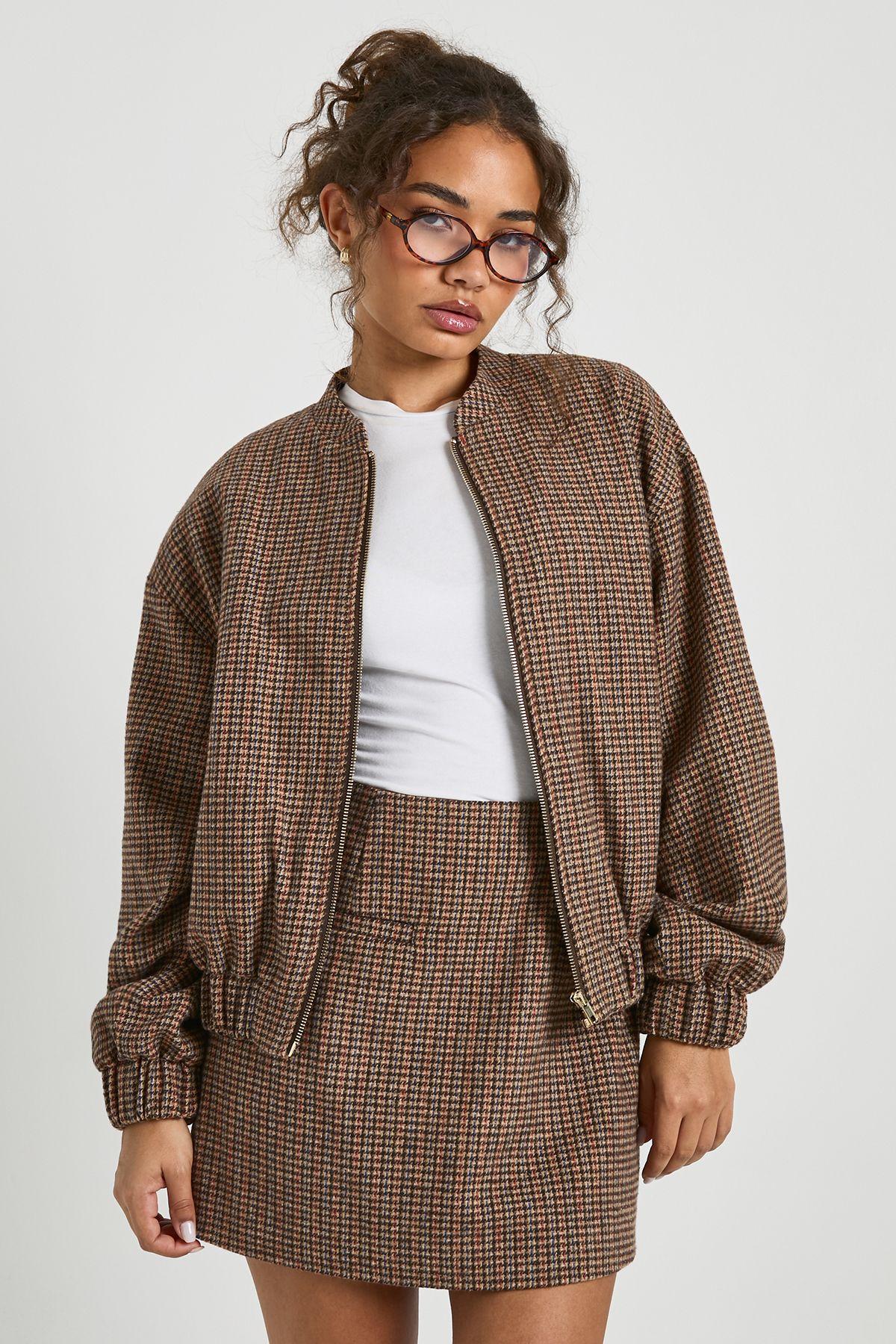 Wool Look Check Bomber Jacket by BOOHOO
