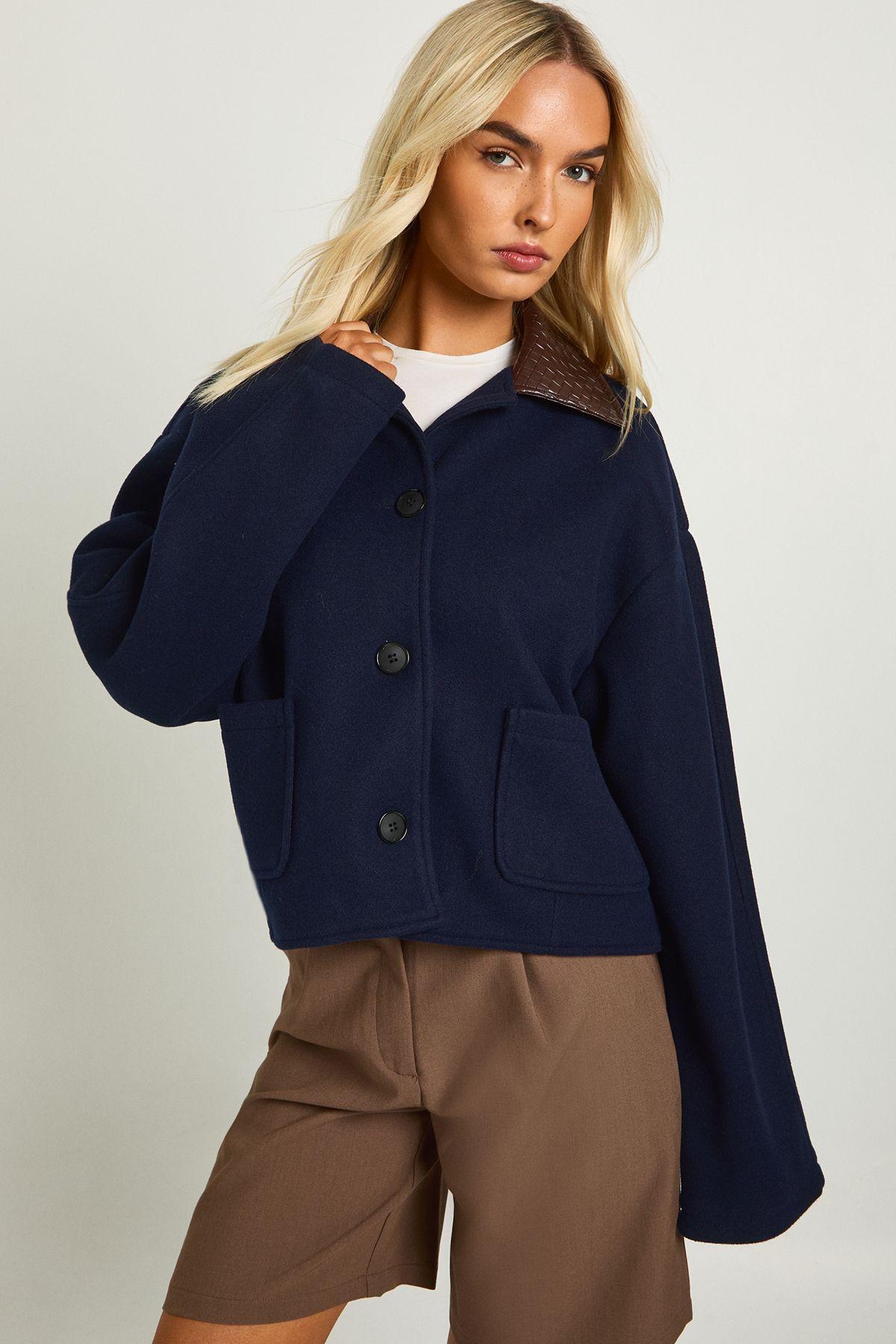 Wool Look Cropped Faux Leather Collar Jacket by BOOHOO