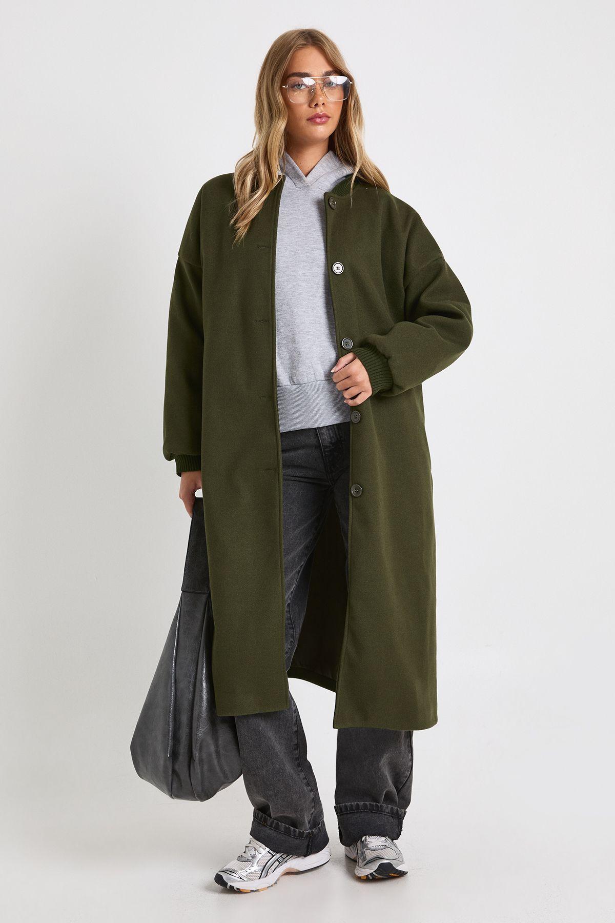 Wool Look Maxi Bomber Jacket by BOOHOO Wool Look Maxi Bomber Jacket by BOOHOO