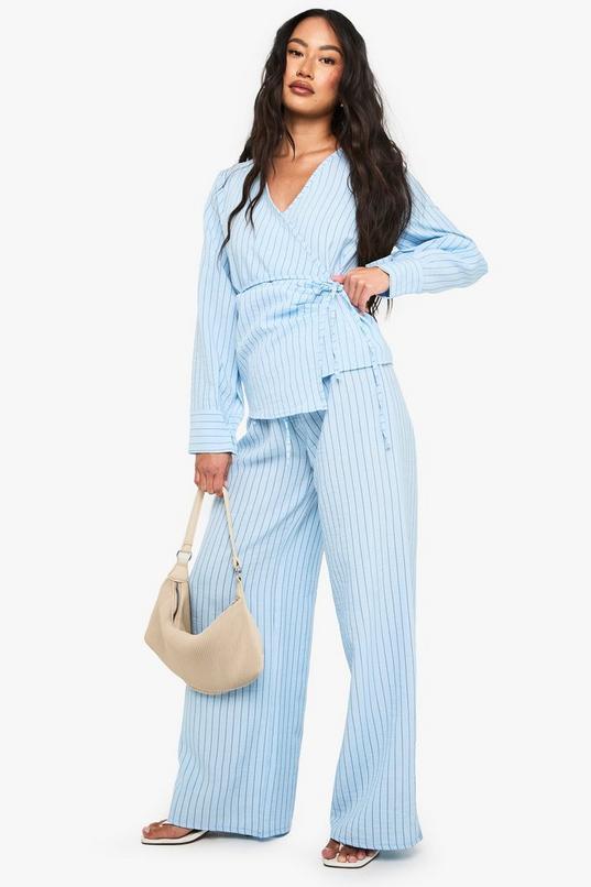 Woven Striped Elastic Waist Wide Leg Trousers by BOOHOO
