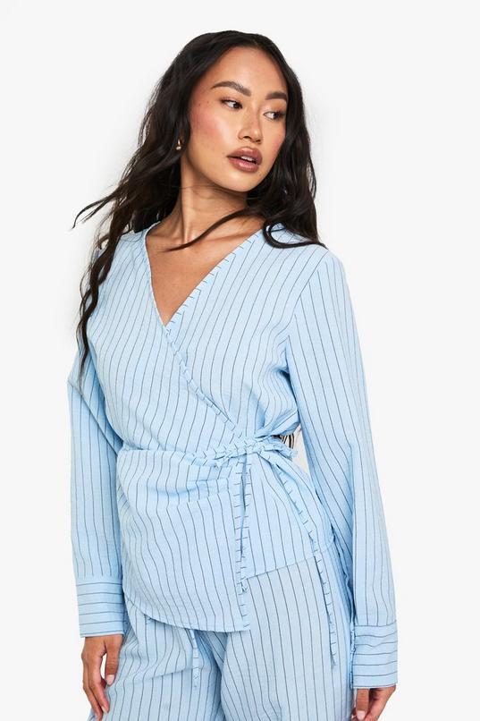Woven Striped Wrap Tie Detail Top by BOOHOO