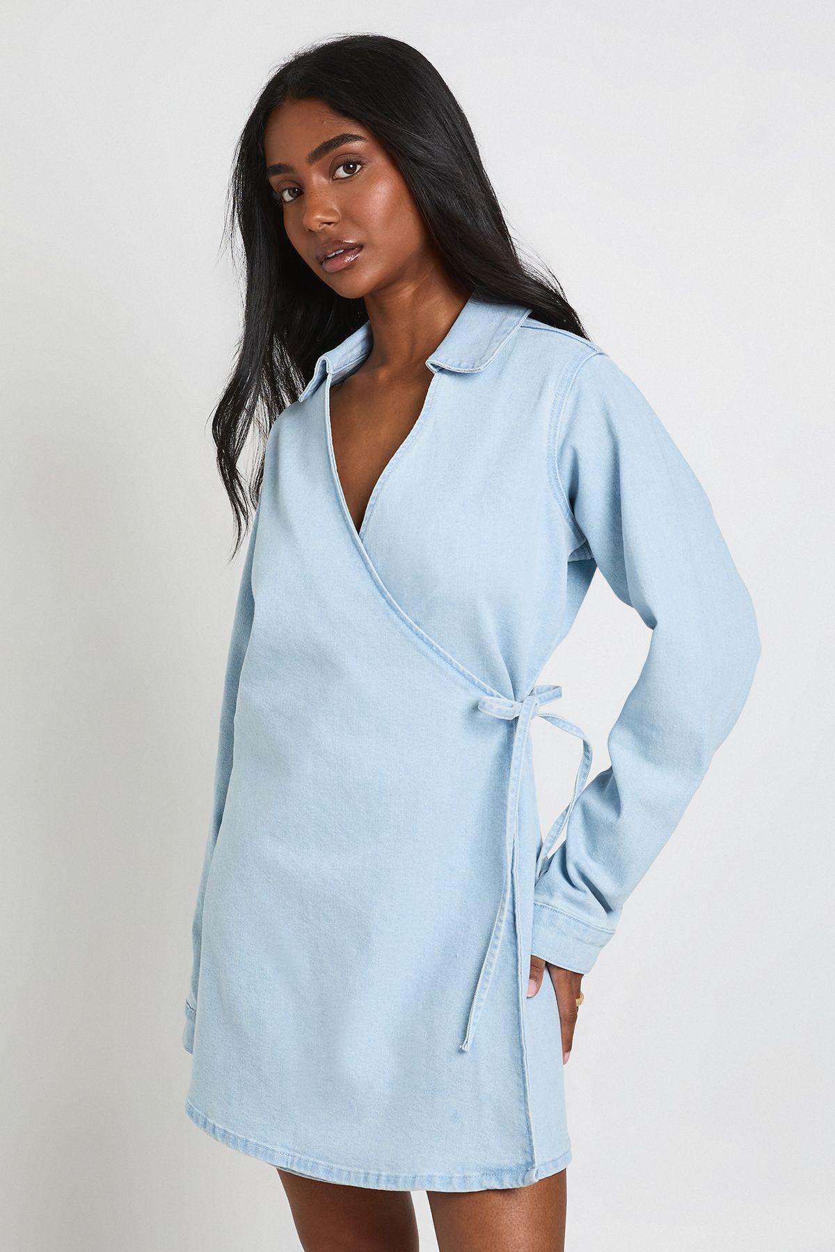 Wrap Front Denim Dress by BOOHOO