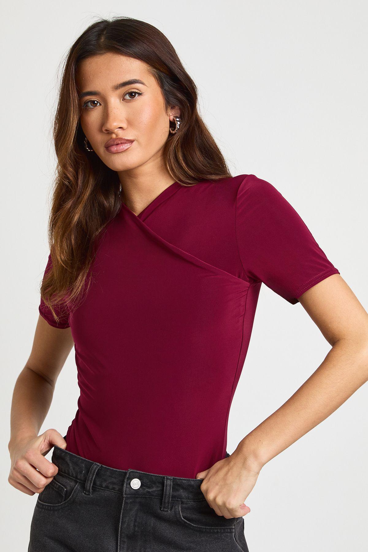 Wrap Front Matte Slinky Bodysuit by BOOHOO Wrap Front Matte Slinky Bodysuit by BOOHOO