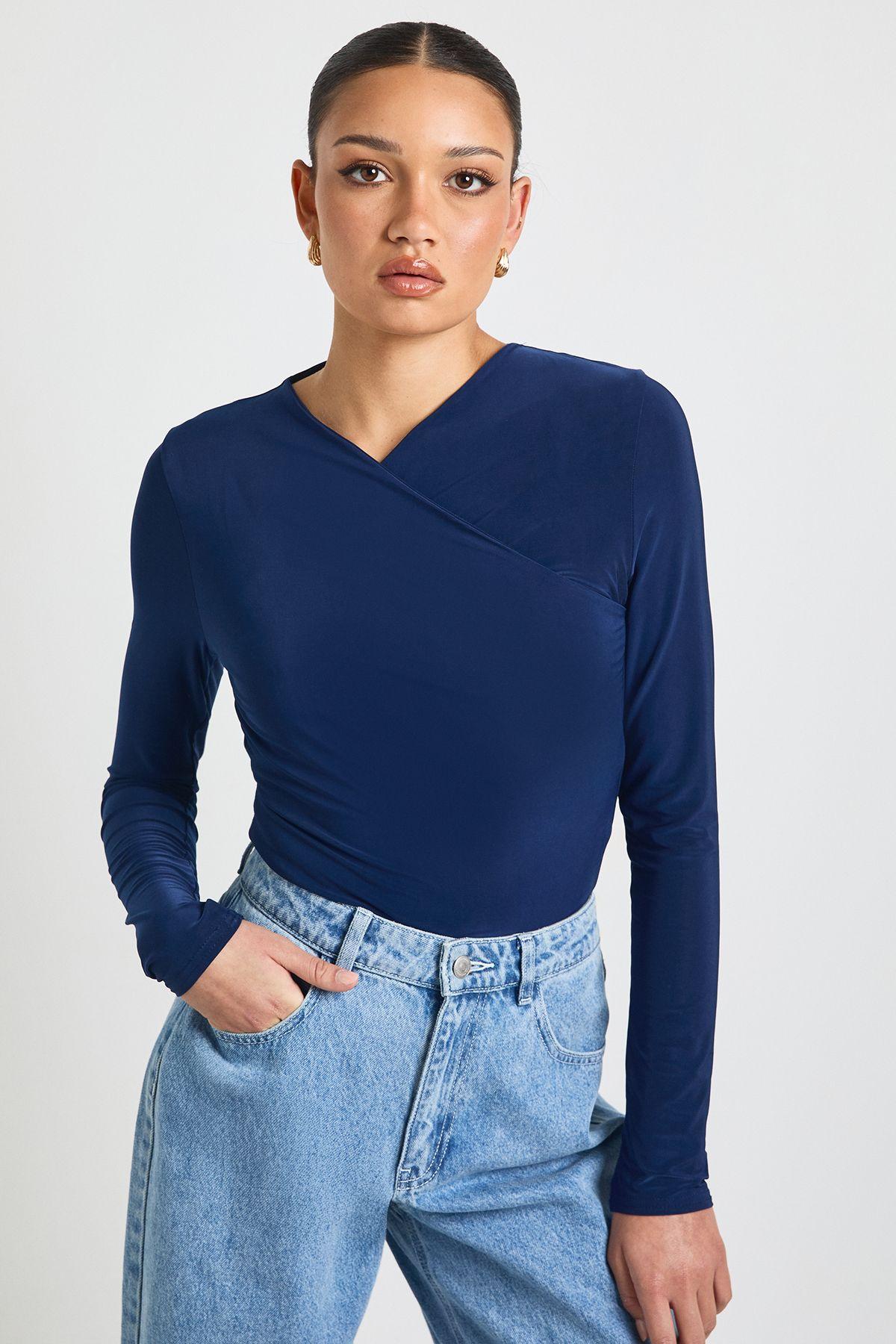 Wrap Front Matte Slinky Long Sleeve Bodysuit by BOOHOO