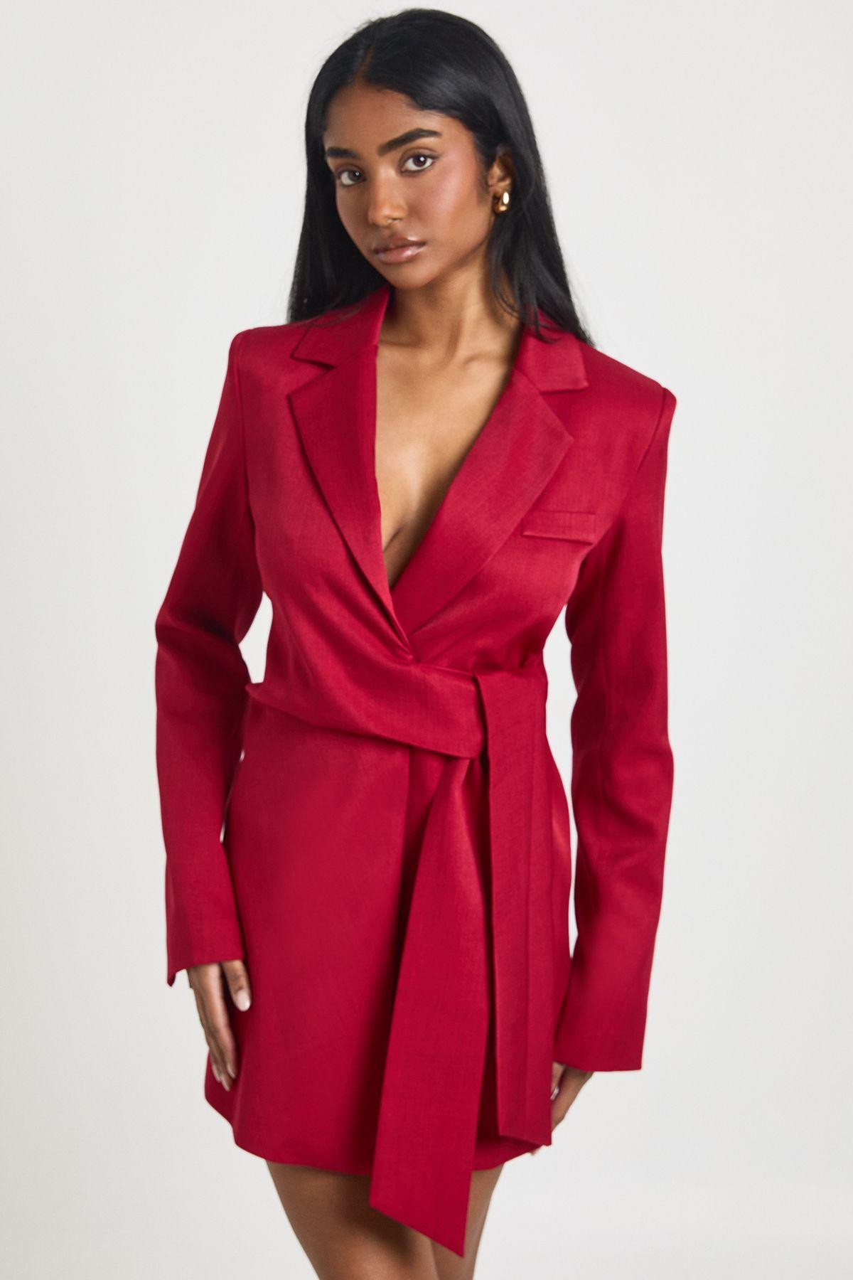 Wrap Tie Belt Detail Blazer Dress by BOOHOO