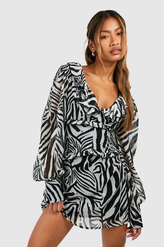 Zebra Chiffon Ruffle Skater Dress by BOOHOO