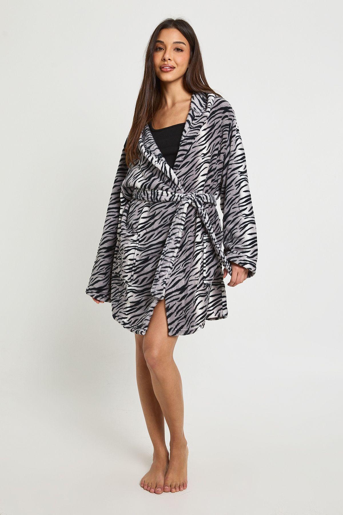 Zebra Print Hooded Mini Dressing Gown by BOOHOO