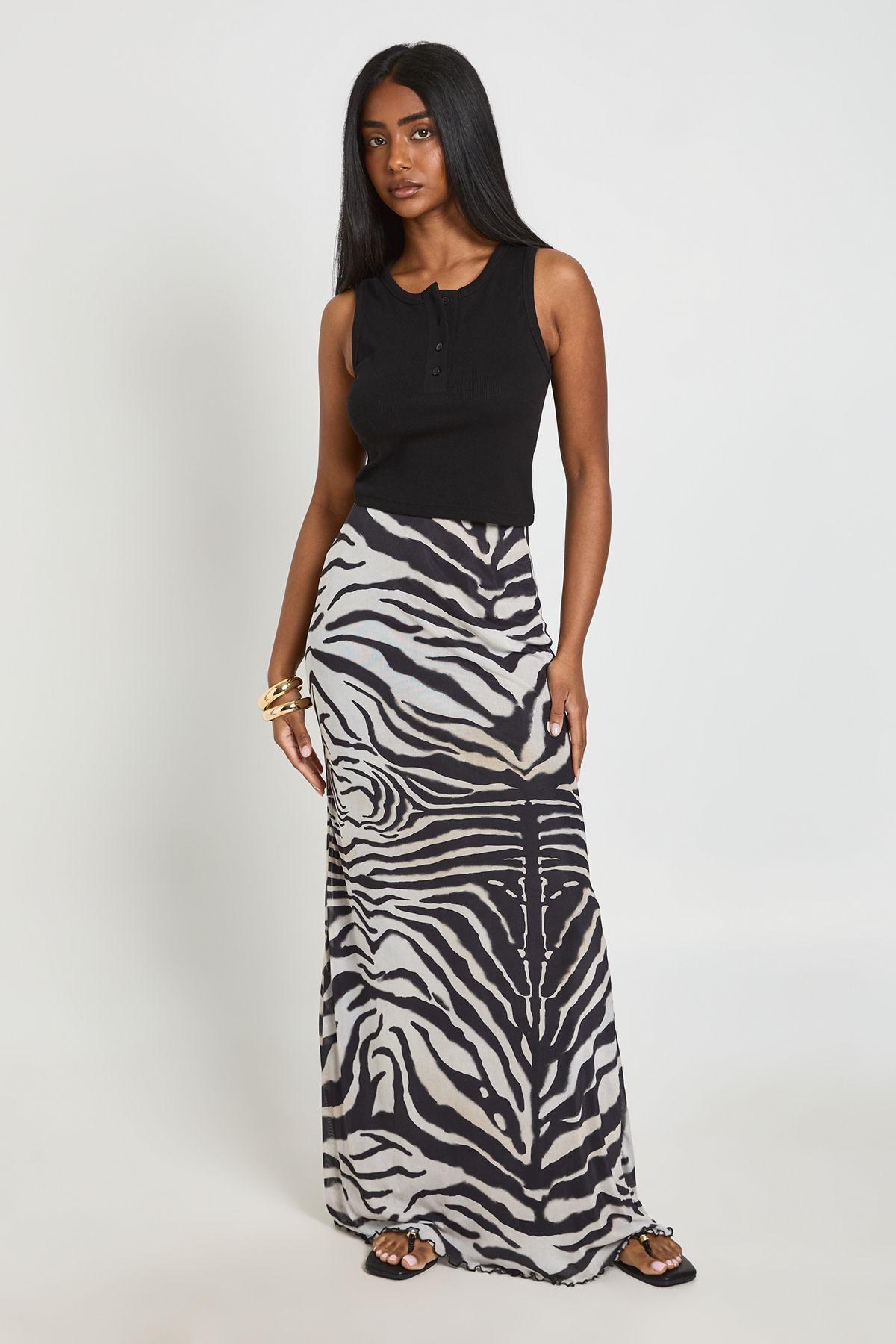 Zebra Print Mesh Maxi Skirt by BOOHOO