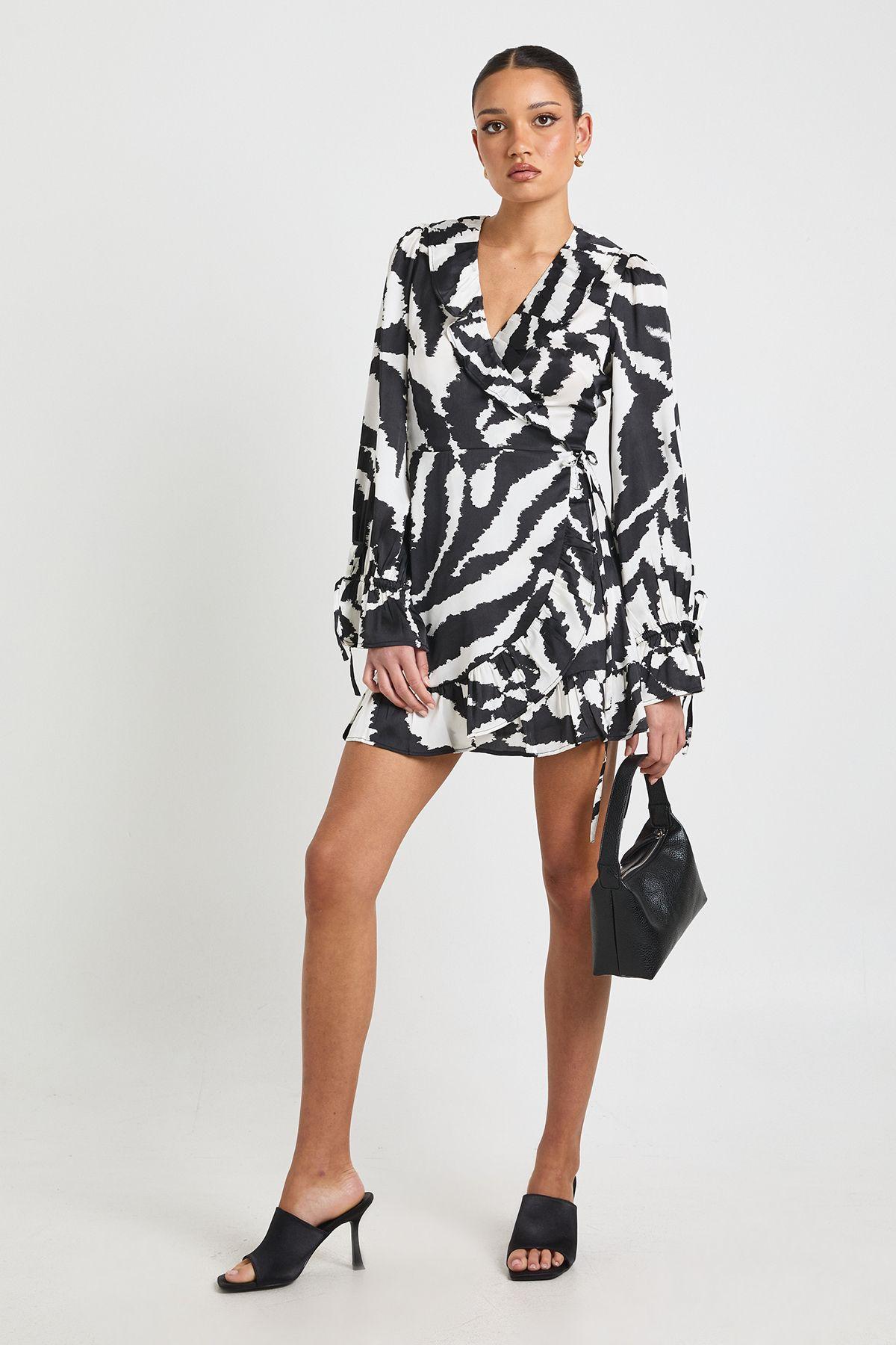 Zebra Print Ruffle Wrap Mini Dress by BOOHOO