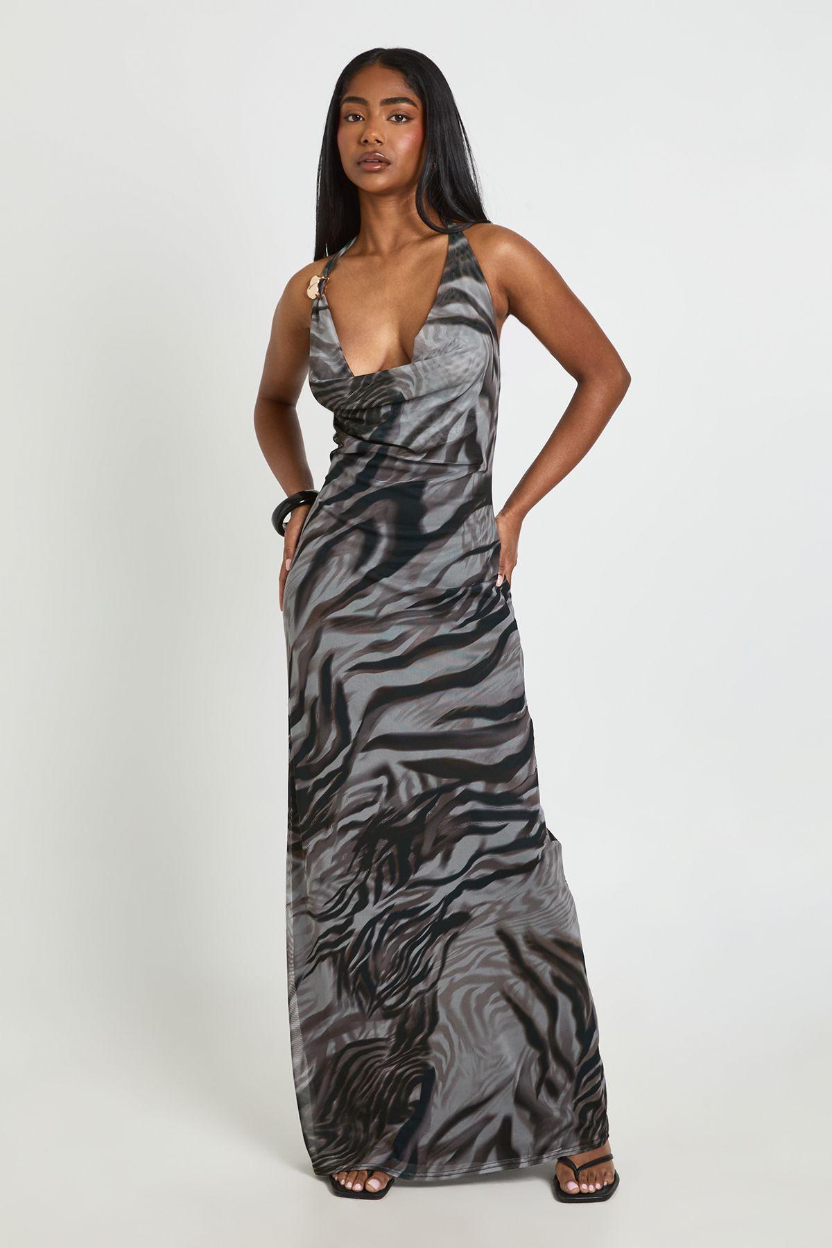Zebra Printed Mesh Halterneck Trim Detail Cowl Maxi Dress by BOOHOO