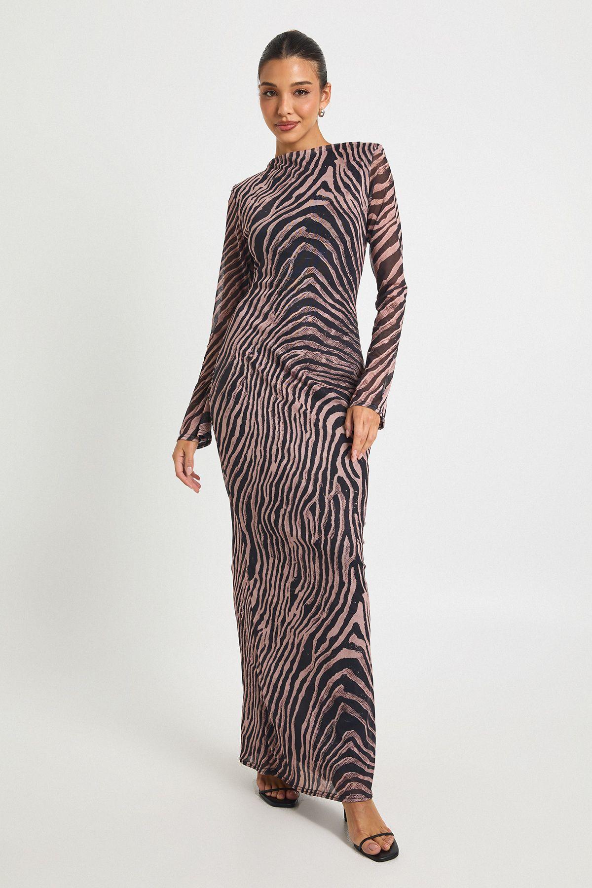 Zebra Printed Mesh Shoulder Pad Maxi Dress by BOOHOO
