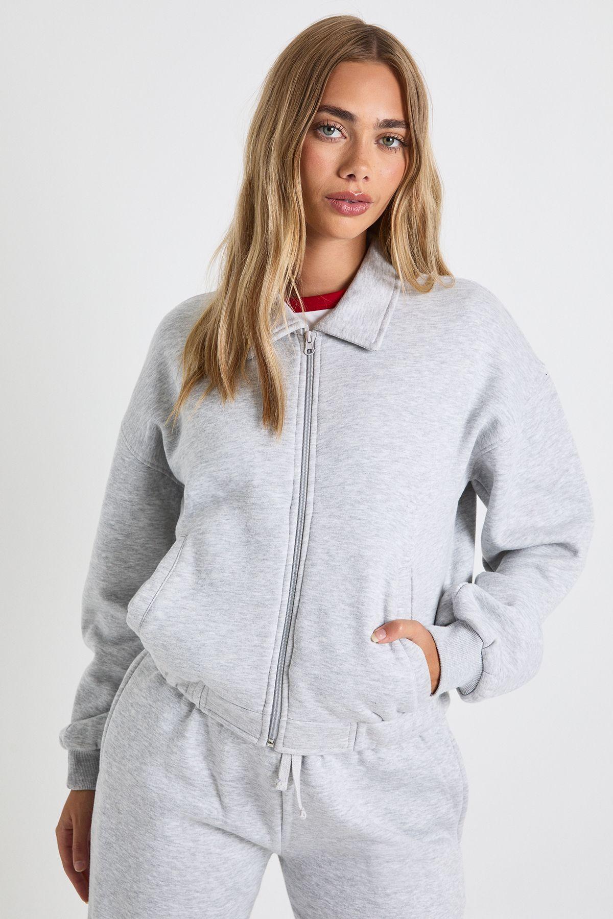 Zip Through Collared Bomber Sweatshirt by BOOHOO