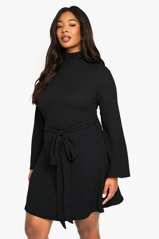 plus ripple texture belted skater dress by BOOHOO
