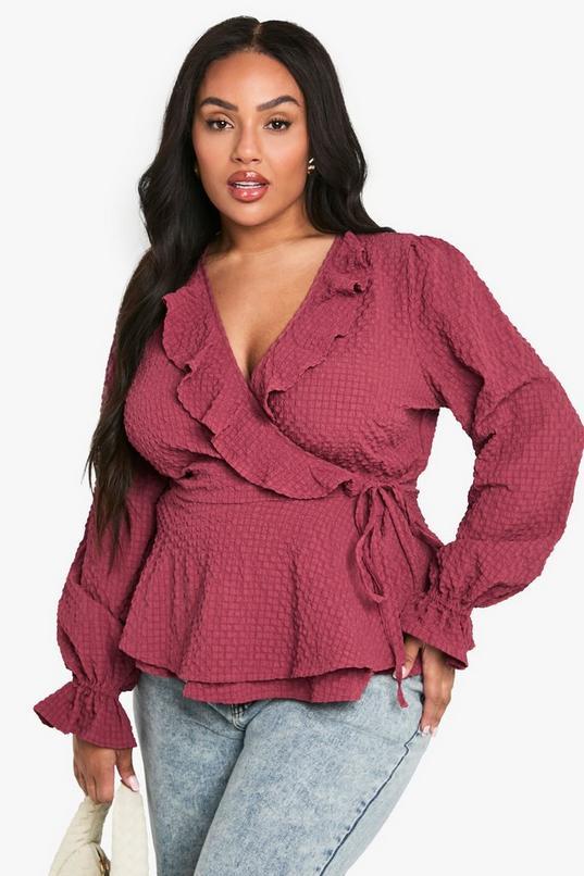 plus textured tie detail WRAP RUFFLE blouse by BOOHOO