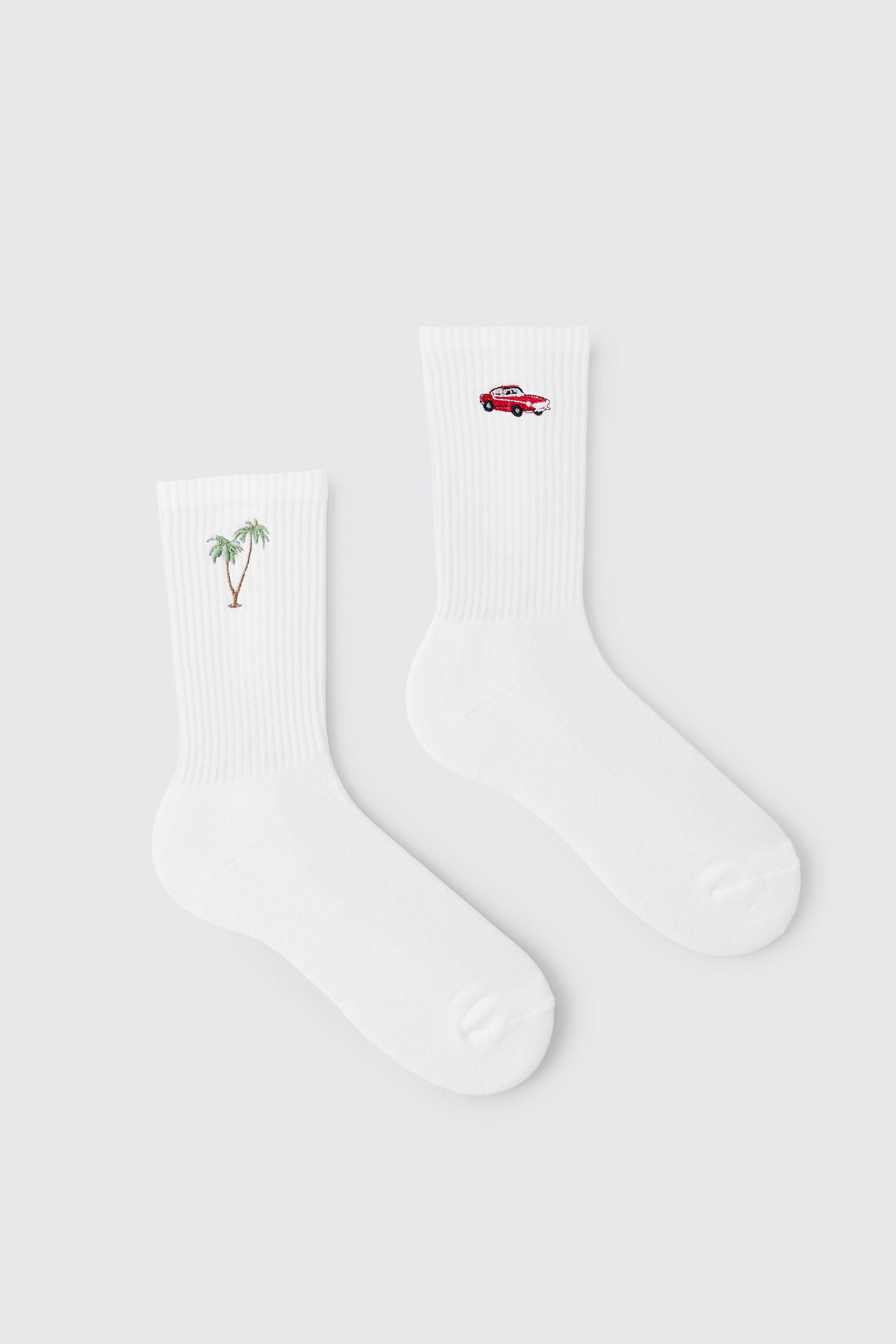 2 Pack Palm Tree & Car Embroidered Socks by BOOHOOMAN