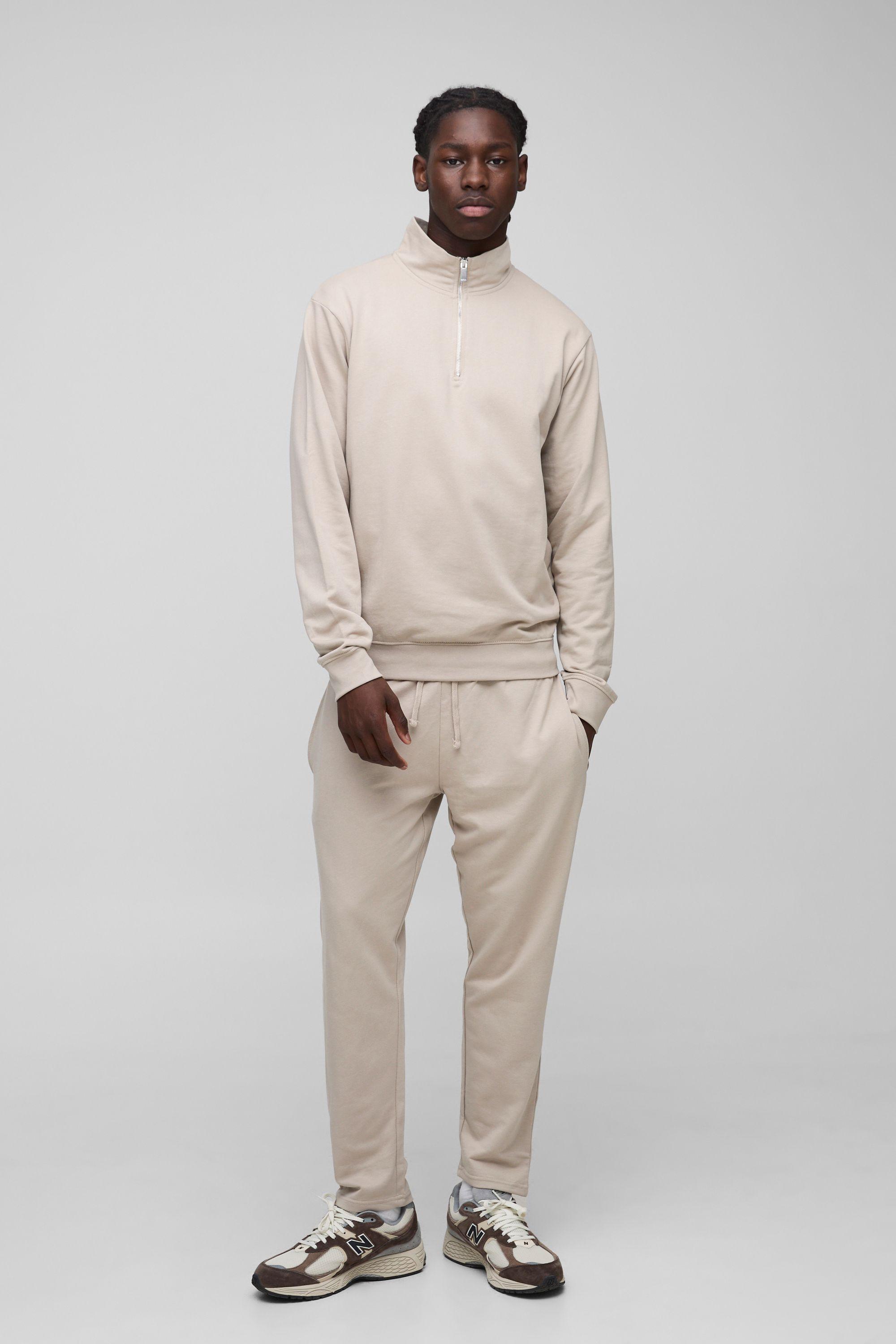 260GSM Loopback Basic Regular Fit Quarter Zip Sweatshirt and Relaxed Tapered Jogger Set by BOOHOOMAN