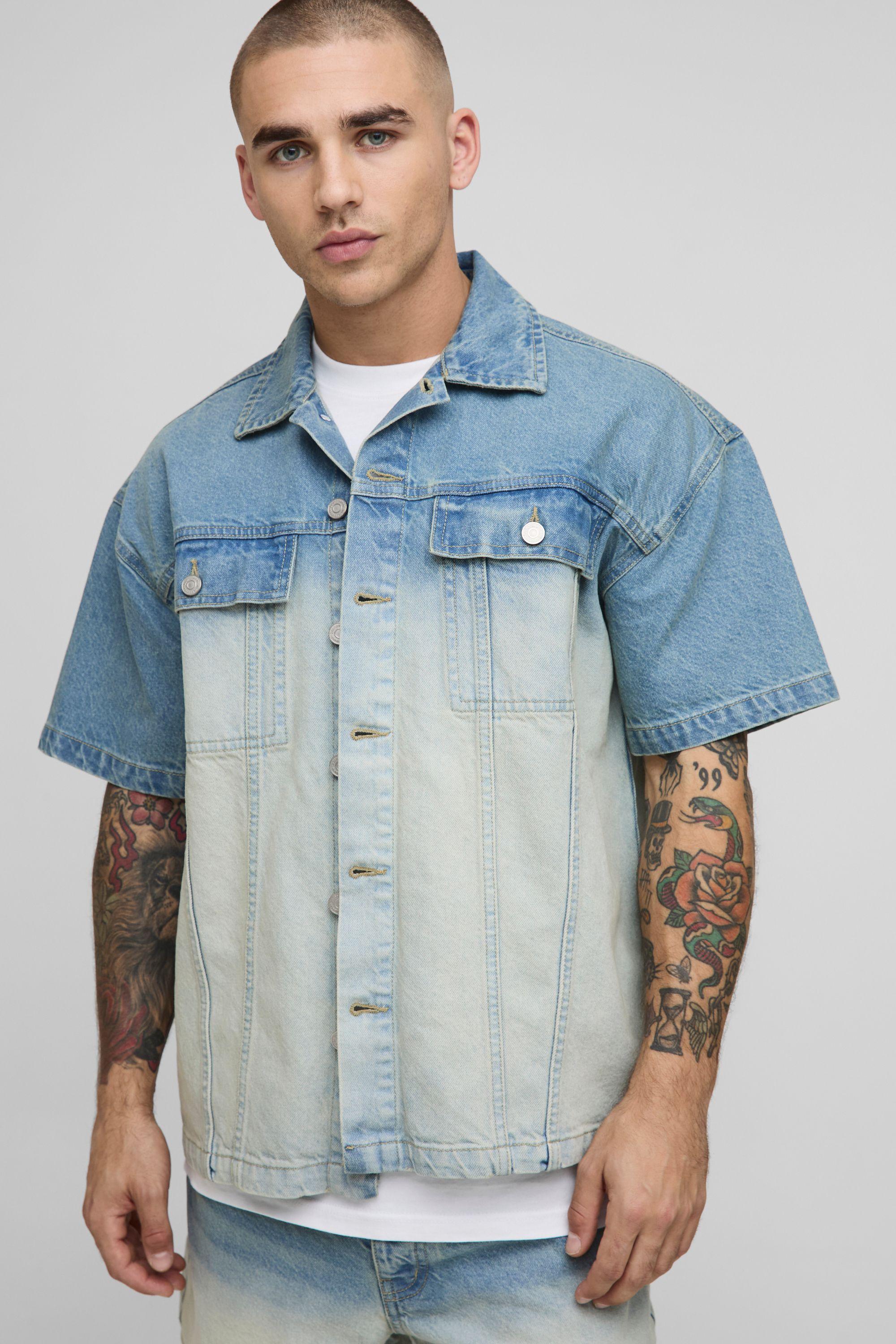 3/4 Sleeve Boxy Stone Washed Panelled Denim Shirt by BOOHOOMAN