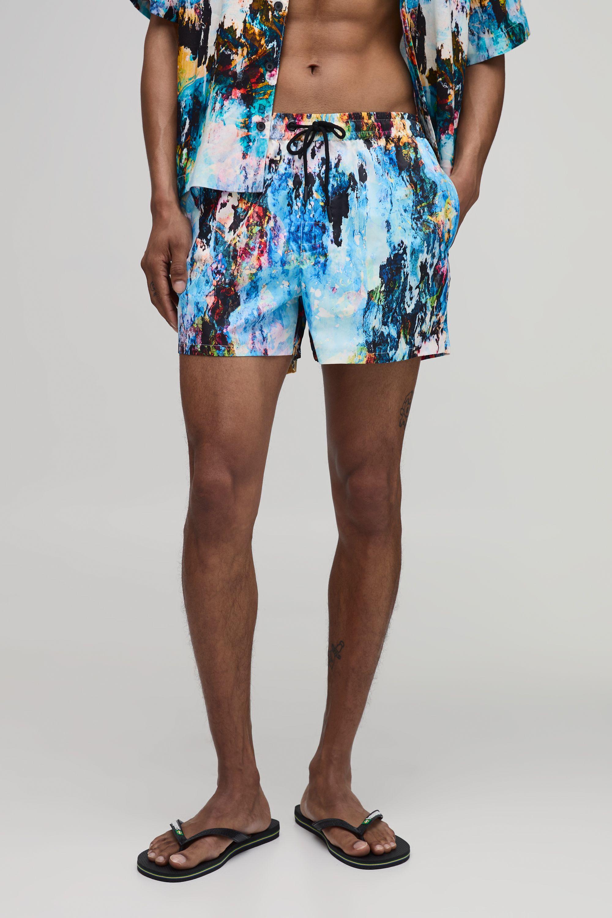 Abstract Print Short Length Swim Short by BOOHOOMAN